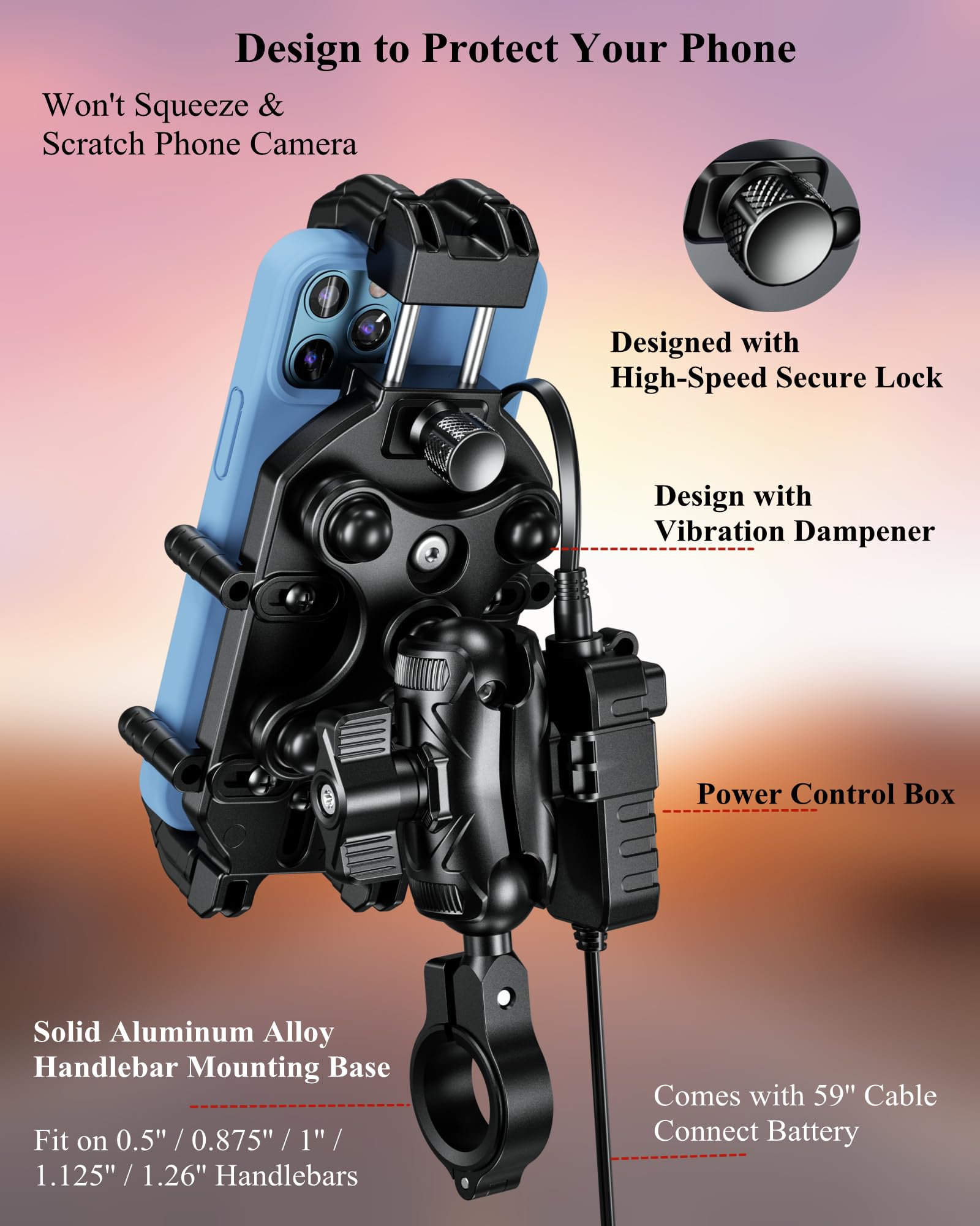 BRCOVAN Motorcycle Phone Mount with Qi 15W Wireless Charger & 30W PD/USB-C Fast Charging - Anti-Theft Handlebar Phone Holder with Vibration Dampener for 5.4''-7.2'' Smartphones - Perfect for Adventure Riding, Commuting & GPS Navigation