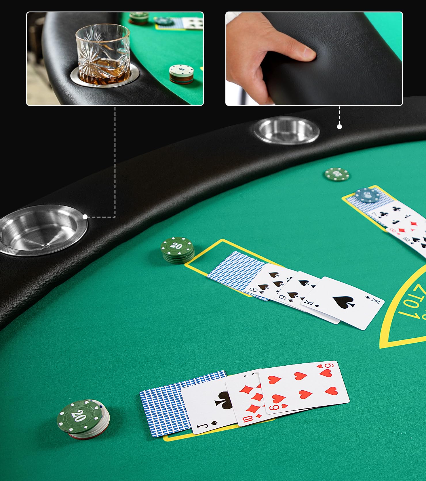 Foldable 7-Player Poker Table for Blackjack & Texas Hold'em - Casino Game Table with Stainless Steel Cup Holders - Green Speed Felt Surface for Card Games, Dominoes & Board Games - Perfect for Home Game Nights & Casino-Themed Parties