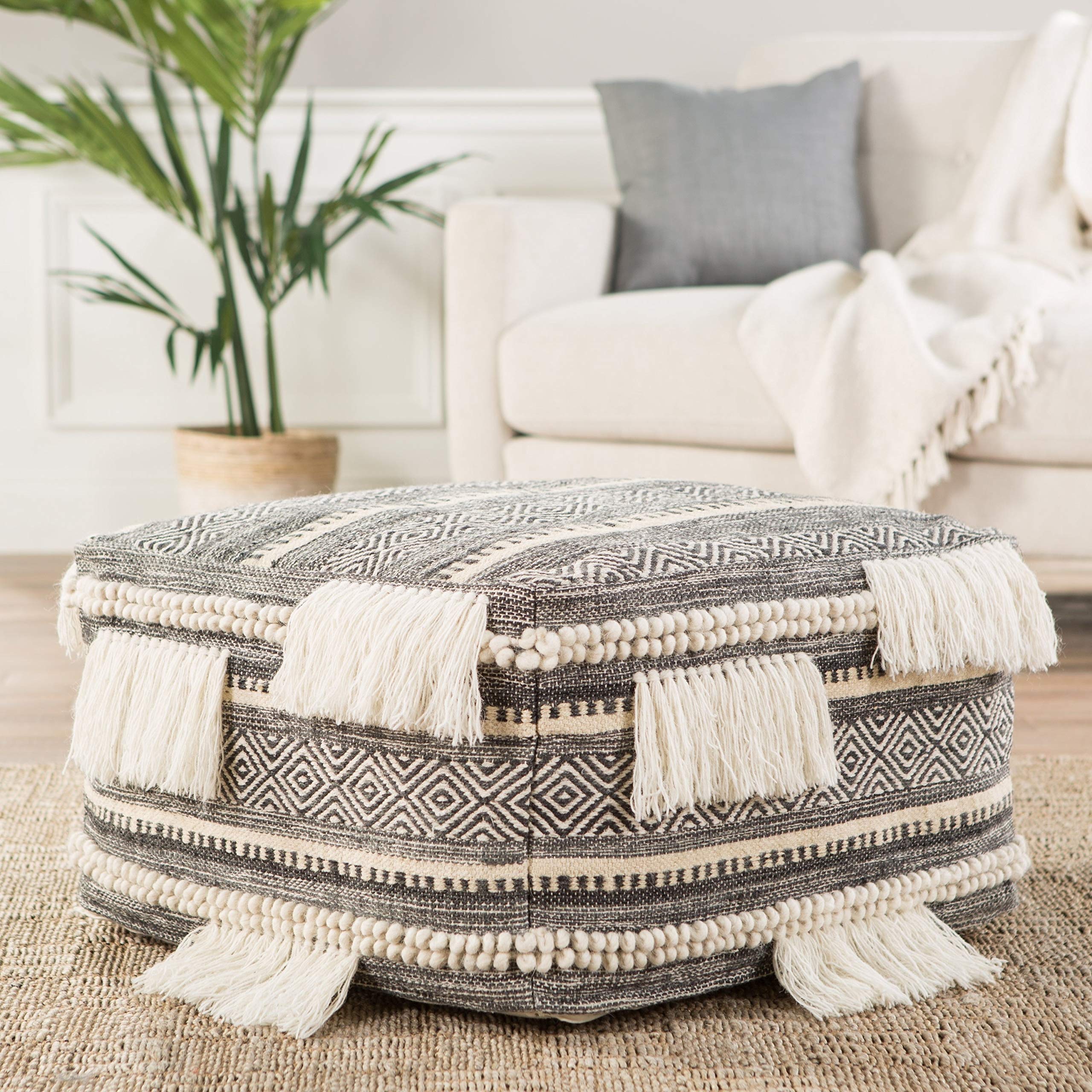 Handmade Bohemian Tribal Square Pouf - Dark Gray & Ivory Stripe, Textured Cotton Jute Wool Blend | Modern Eclectic Home Decor for Living Room, Bedroom, or Outdoor Patio
