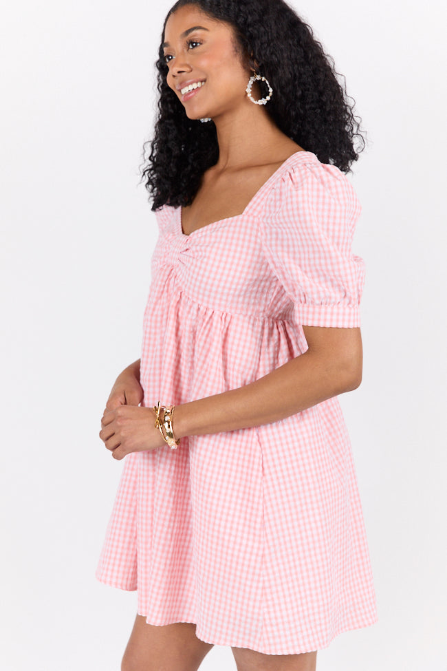 Strawberry Fields Pink Gingham Mini Dress - Floral Print Summer Dress for Women, Casual Sundress with Puff Sleeves | Perfect for Picnics, Beach Outings & Date Nights