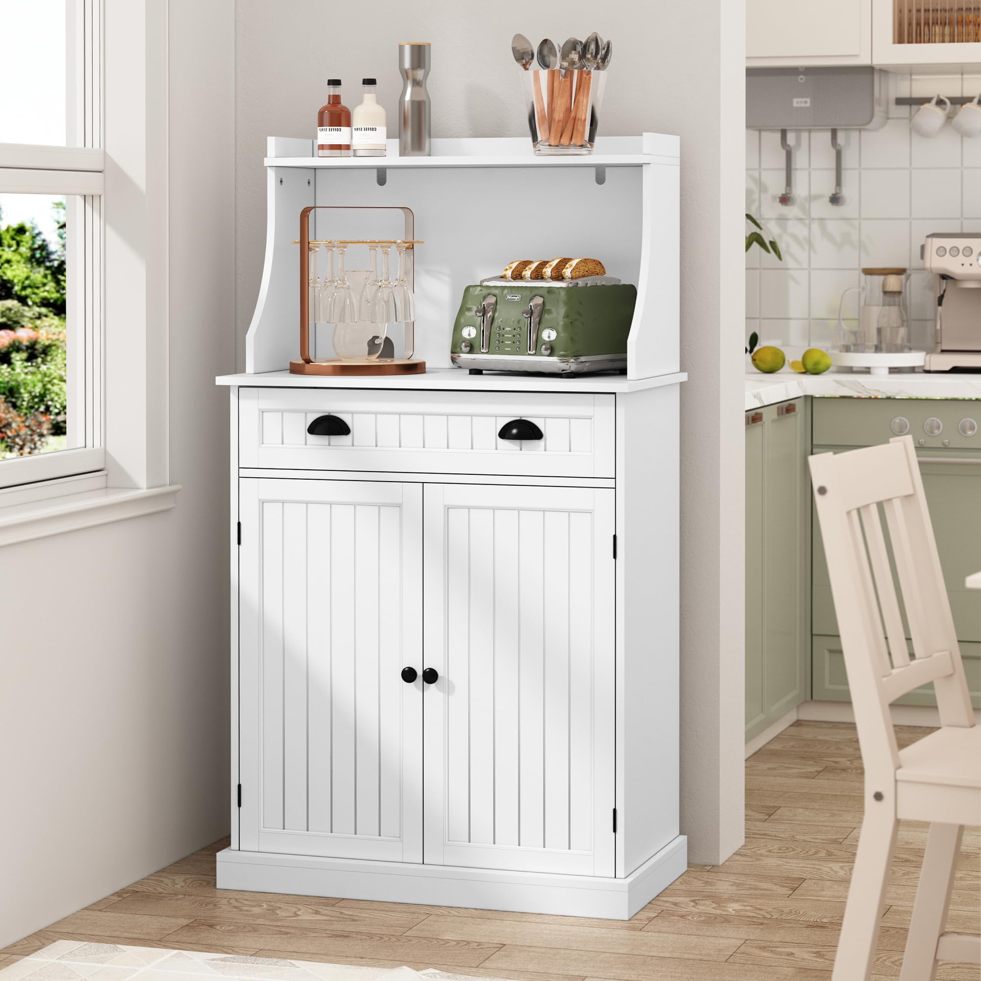 ARTPOWER 54 Inch White Kitchen Microwave Stand with Storage Drawers & Adjustable Shelves - Pantry Cabinet with Hutch for Kitchen, Dining Room, Living Room & Hallway - Perfect for Small Space Organization & Home Decor