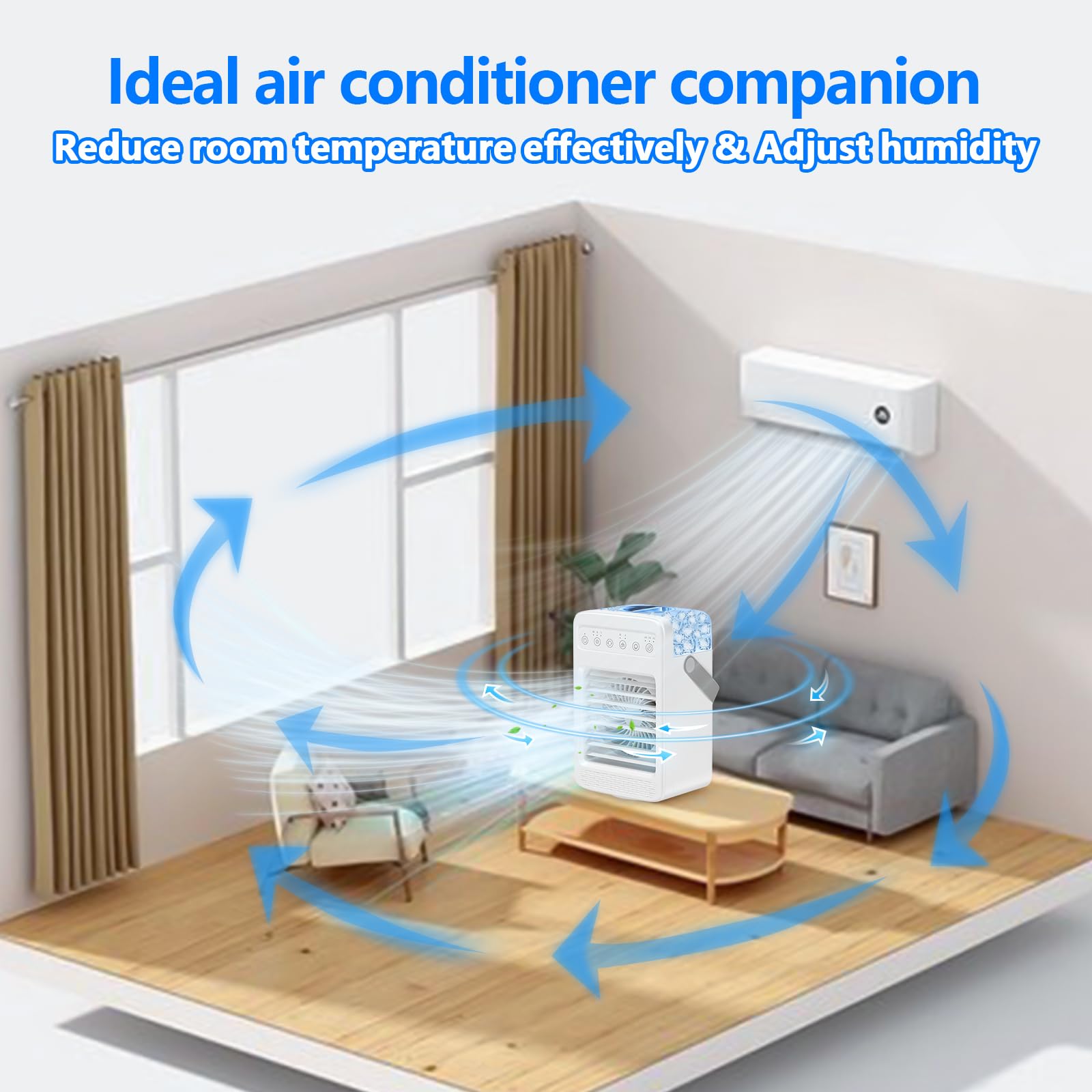 Portable Air Conditioner with 180° Oscillation - 4 Wind Speeds, Built-in Ambient Light & Large Water Tank - Mini AC Unit for Room, Kitchen, Office, Desk - Perfect for Home, Work & Outdoor Use