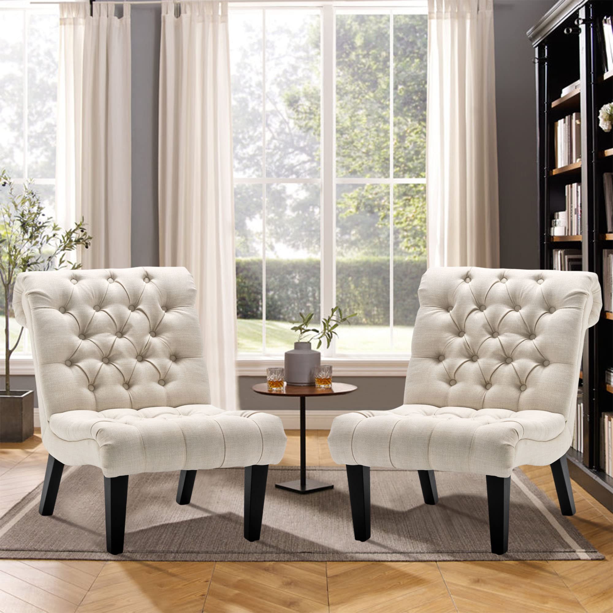 Yongqiang Accent Chairs Set of 2 - Modern Armless Upholstered Slipper Chairs with Button Tufted Design & Solid Wood Legs in Cream Fabric - Perfect for Living Room, Bedroom, or Reading Nook Decor