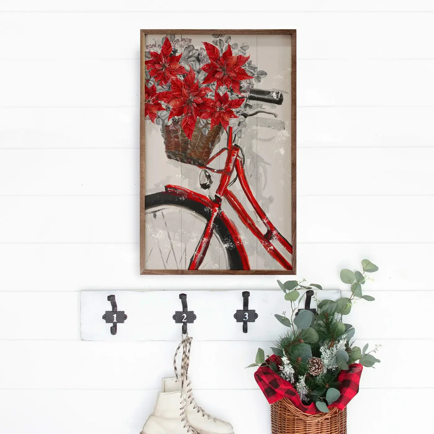 Christmas Bike with Poinsettia Wood Framed Print - Holiday Home Decor & Festive Wall Art for Living Room, Bedroom, Office