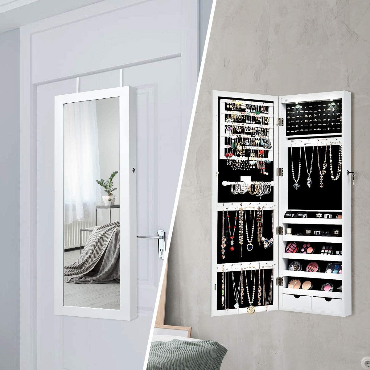 Wall Mounted Jewelry Armoire with LED Lights & Full-Length Mirror - Lockable Jewelry Cabinet Organizer with Drawers for Necklaces, Rings & Makeup Storage - Perfect for Bedroom Closet, Dressing Room & Vanity (White)