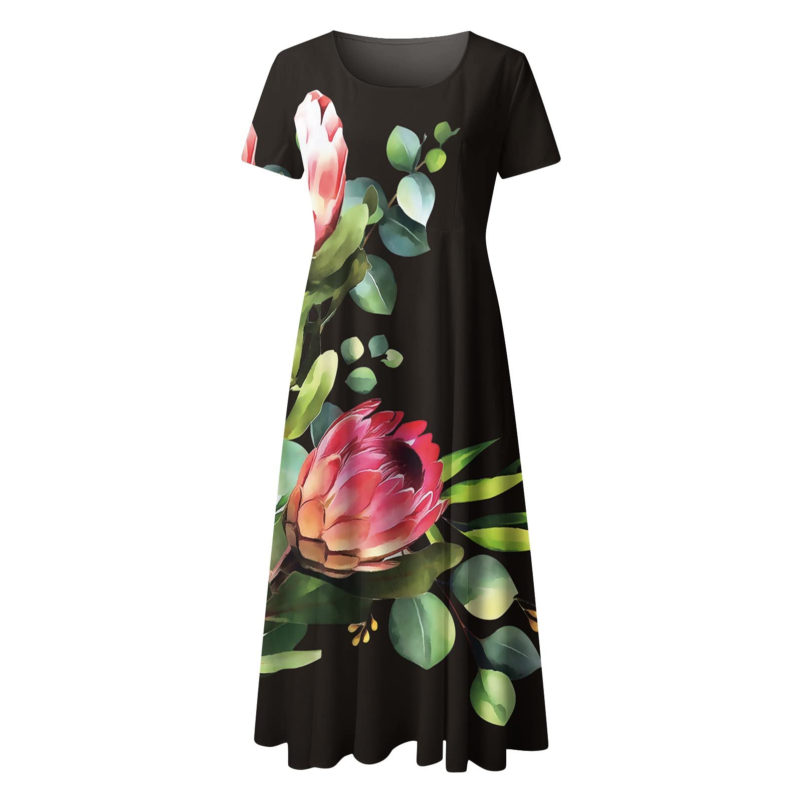 Boho Floral Feather Print Square Neck A-Line Midi Sundress for Women - Spring Summer Long Dress with Short Sleeves - Perfect for Beach Vacations, Garden Parties & Casual Outings
