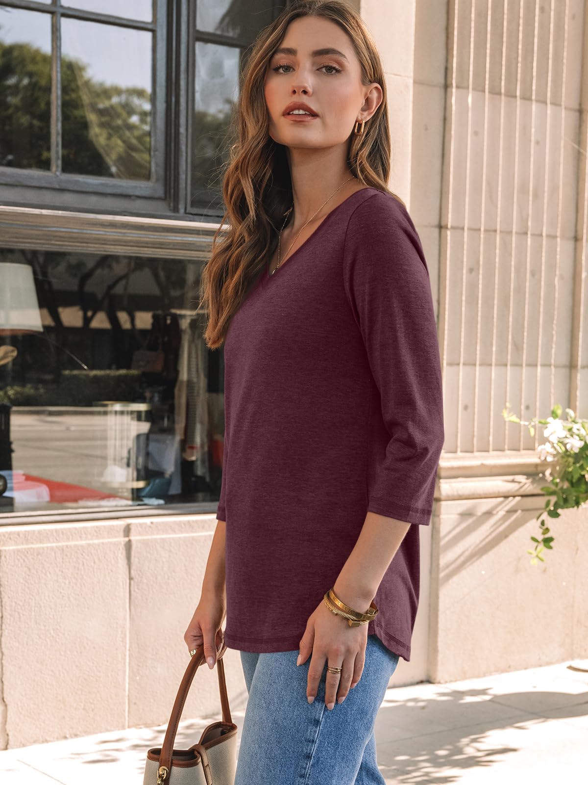 AUTOMET Women's 3/4 Sleeve V-Neck Tunic Top - 2025 Summer Casual & Work Blouse - Spring Office Wear & Weekend Outfits