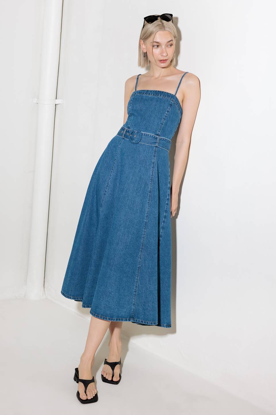 Dawson Washed Denim Midi Dress for Women - Vintage Blue Denim Dress with Pockets, Casual Boho Style for Everyday Wear, Date Night & Summer Outfits