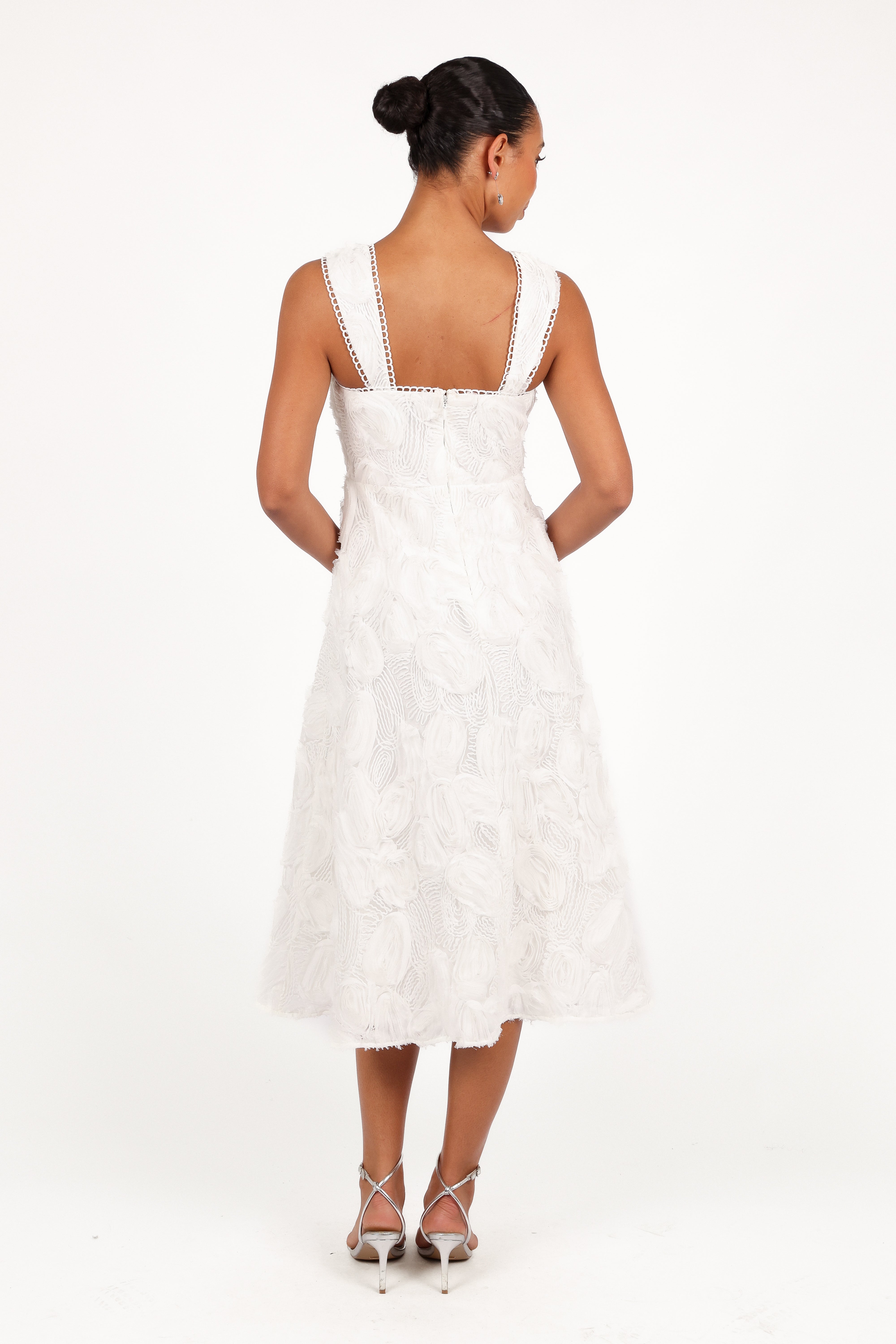 Gabbie Midi Dress for Women - Elegant White Summer Dress for Casual Wear, Office & Date Night | Flowy A-Line Knee-Length Dress with Short Sleeves