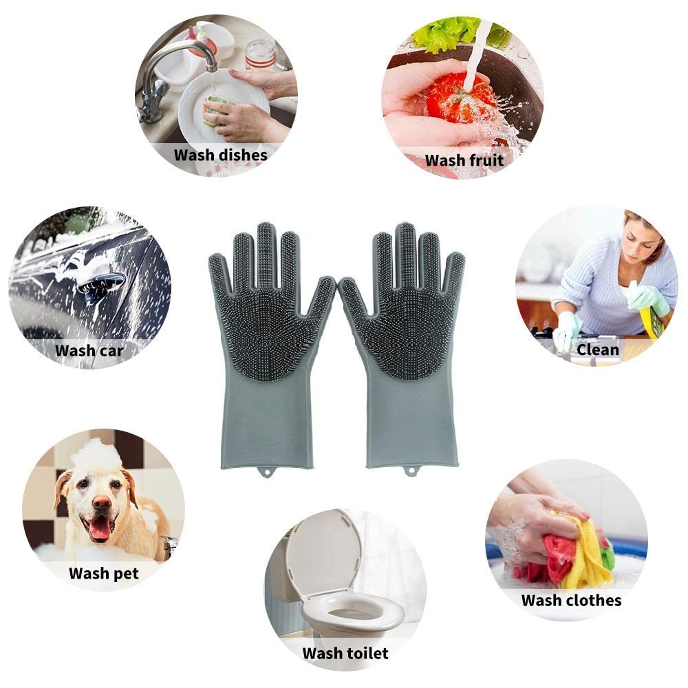 Heat Resistant Magic Silicone Gloves with Scrubber - Reusable Kitchen Cleaning Gloves for Dish Washing, Car Cleaning & Pet Hair Removal (1 Pair) - Perfect for Hot Pots, Grill Cleaning & Household Chores