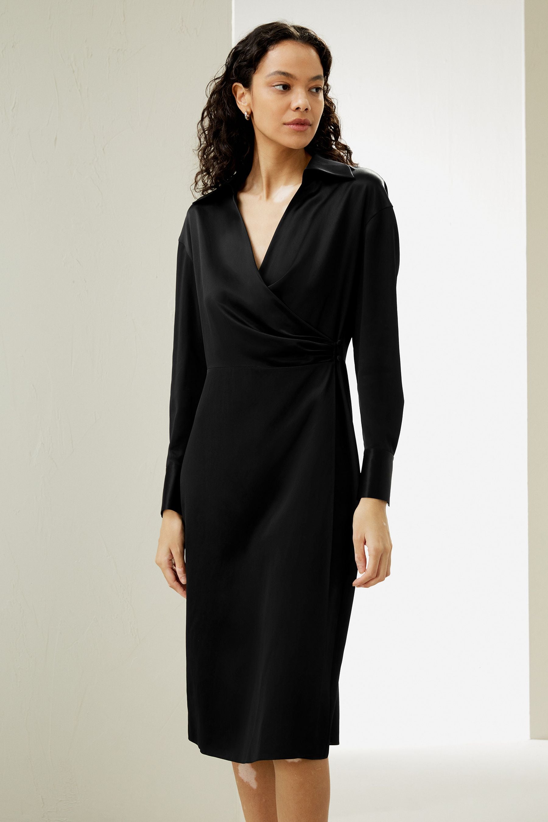 Elegant Collared Silk Wrap Dress for Women - Flattering V-Neck & Adjustable Belt - Perfect for Office, Date Night & Special Occasions