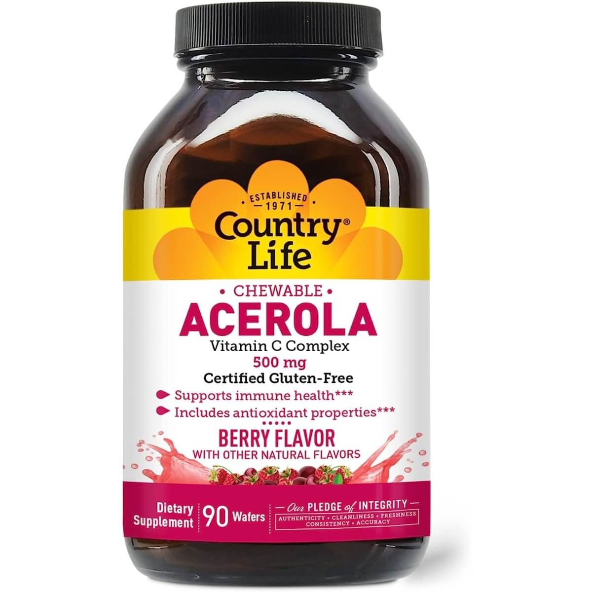 Country Life Chewable Acerola 500mg Vitamin C - 90 Natural Berry Flavor Wafers for Immune Support & Antioxidant Boost - Perfect for Travel, Work & Daily Wellness