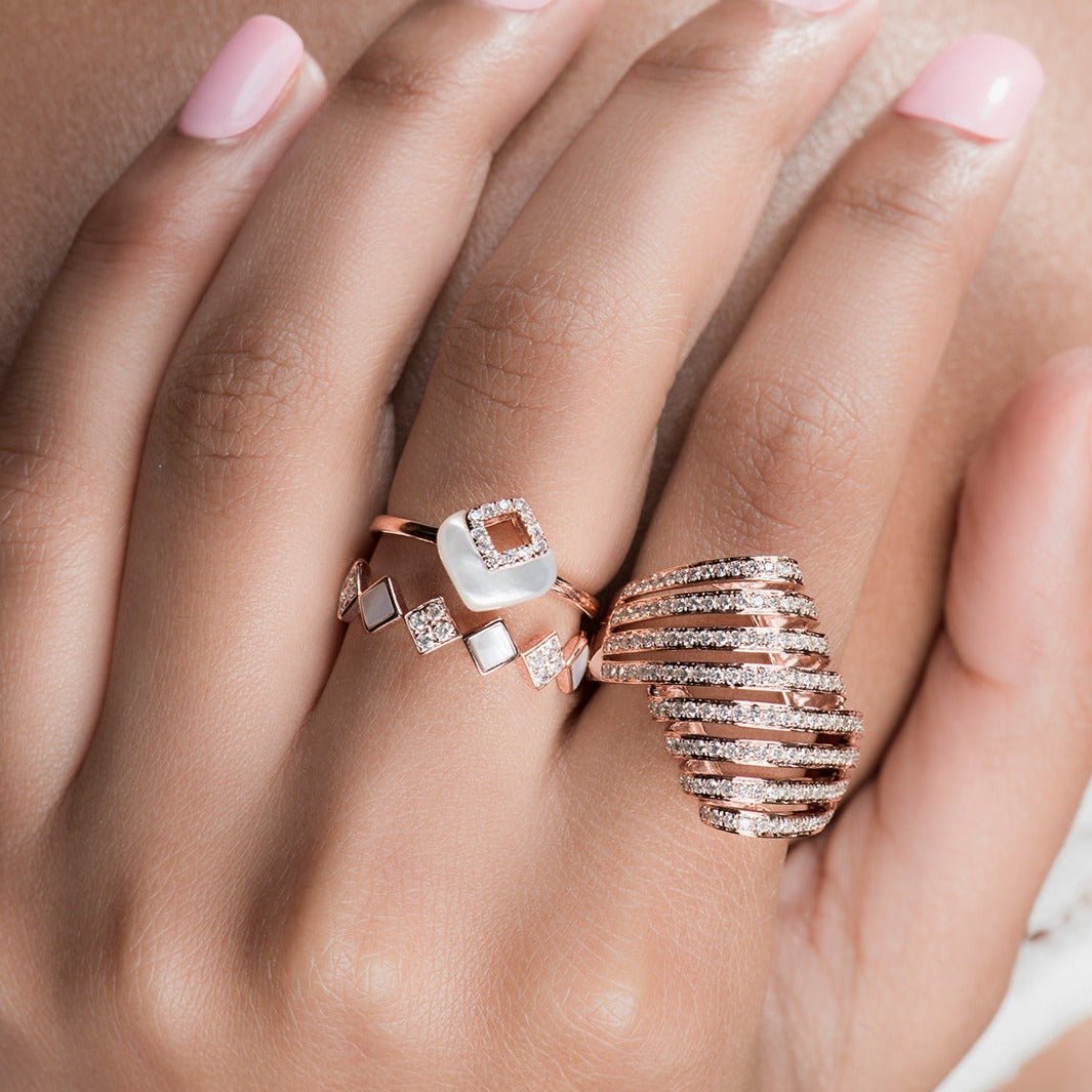 14k Rose Gold Diamond and Mother of Pearl Eternity Ring - Stackable Wedding Band, Anniversary Gift for Her, Perfect for Bridal Jewelry and Special Occasions