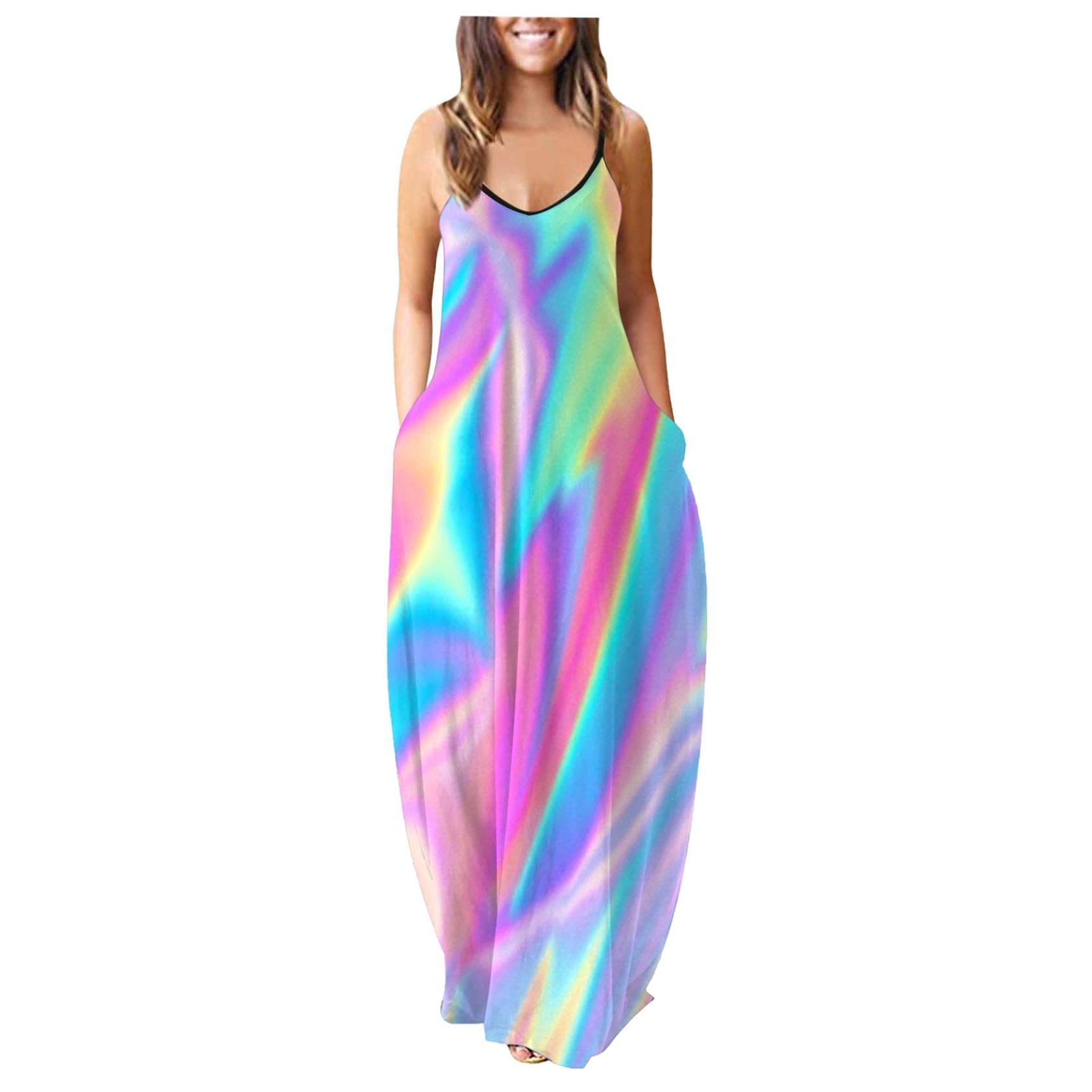 Youmymine Women's Plus Size Summer Maxi Dress - Spaghetti Strap, V-Neck, Sleeveless, Loose Fit with Pockets | Beach Cover Up, Casual Outing, Vacation Wear