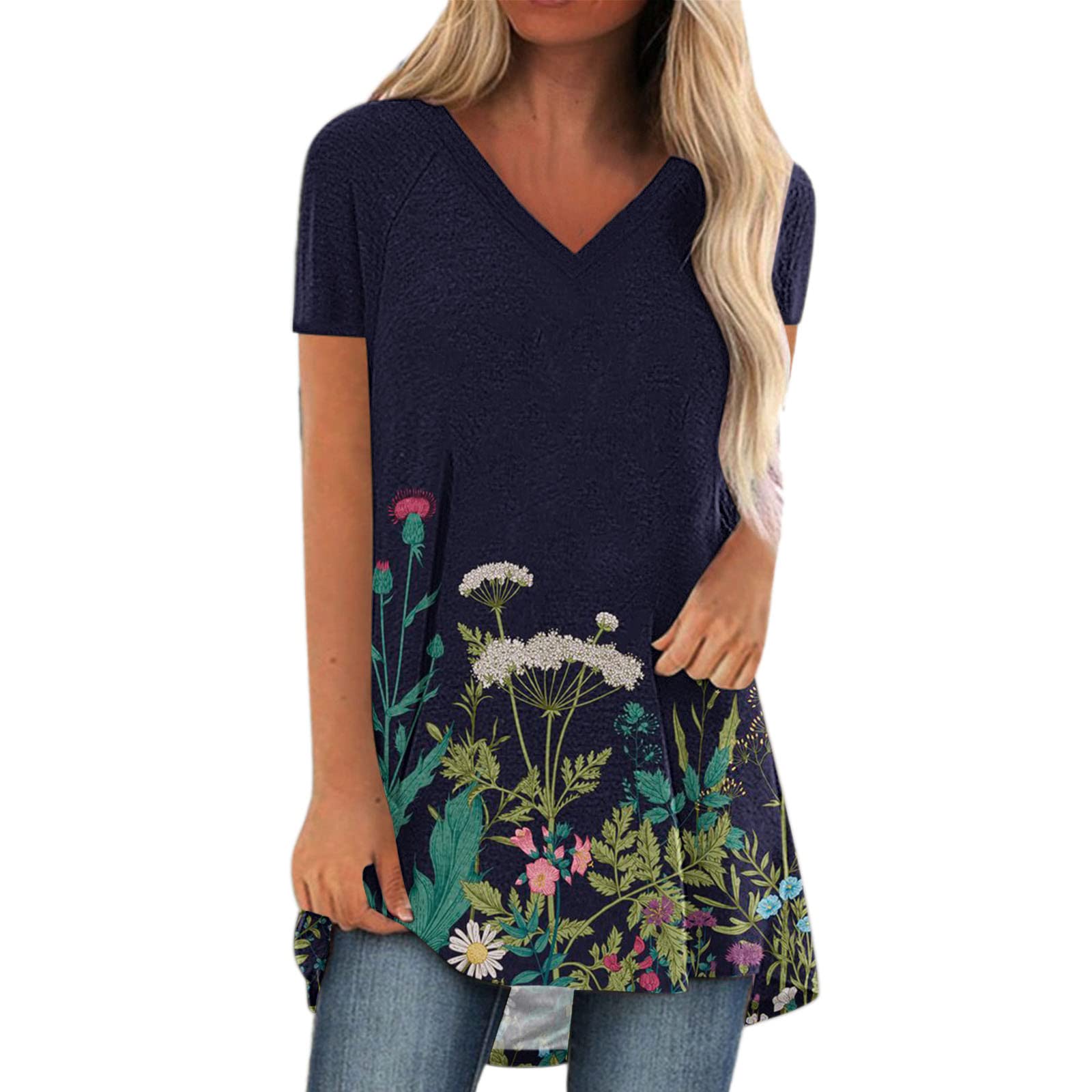 Women's Floral Print V-Neck Short Sleeve Casual T-Shirt Blouse - Summer Fashion Top for Everyday Wear, Outings & Date Nights