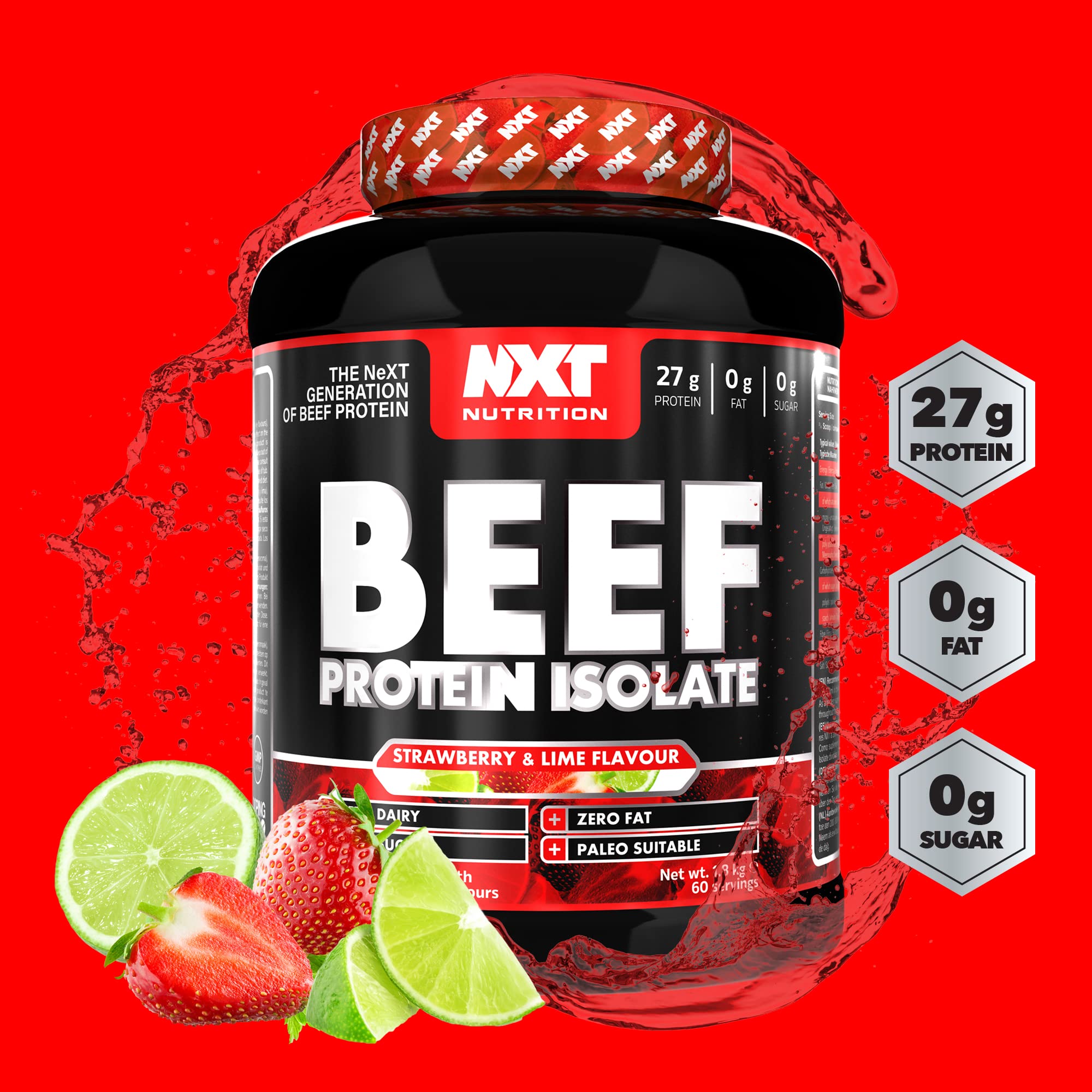 NXT Nutrition Beef Protein Isolate Powder - High Protein, Natural Amino Acids, Paleo & Keto Friendly, Halal Certified - Lactose, Dairy, Gluten & Soy Free - 1.8Kg (4 lbs) Strawberry Lime Flavor - Ideal for Post-Workout Recovery & Muscle Building