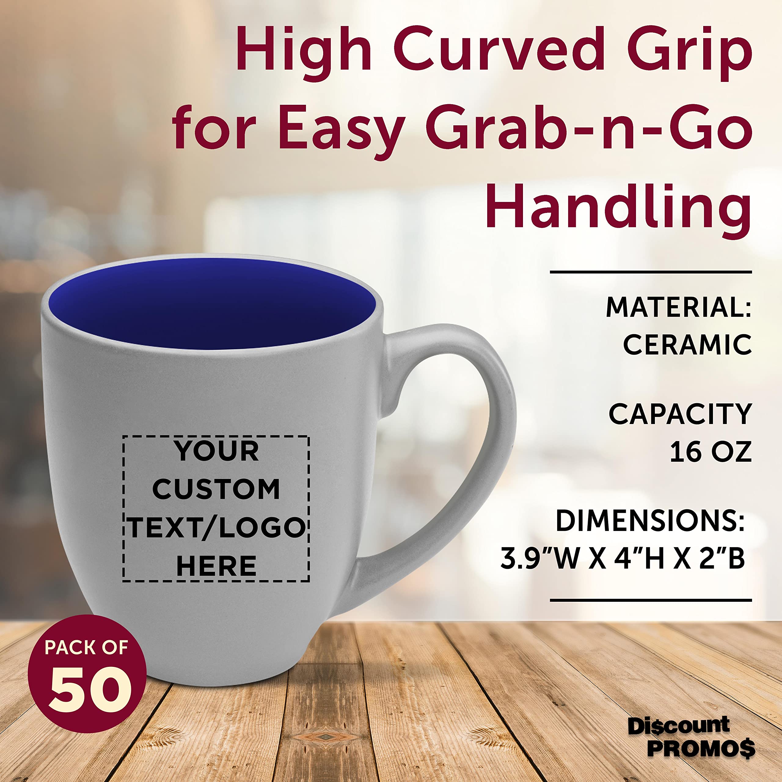 Customized 16oz Two-Tone Coffee Mugs Bulk Set of 50 - Personalized Pop-Out Bistro Mugs for Coffee, Hot Chocolate & Beverages - Blue - Ideal for Cafes, Restaurants, Corporate Gifts & Events