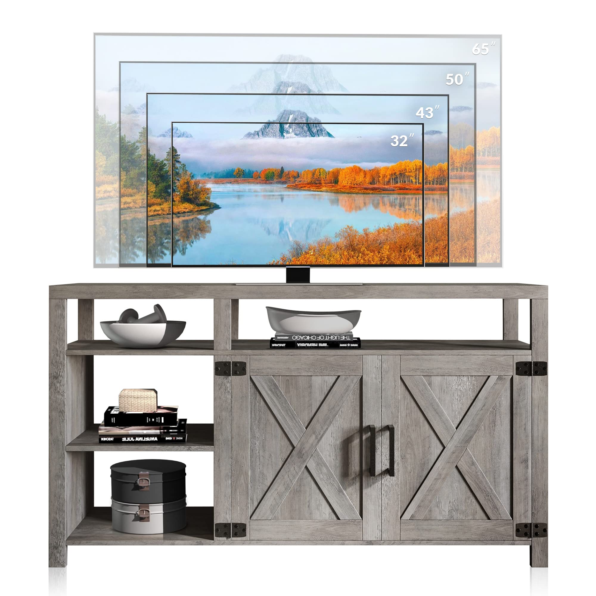 BELLEZE 58 Inch TV Stand for 65 Inch TVs - Modern Entertainment Center with Storage Shelves & Cabinet - Wood Media Console Table for Living Room & Bedroom - Gray Wash - Perfect for Home Theater Setup & Living Room Organization