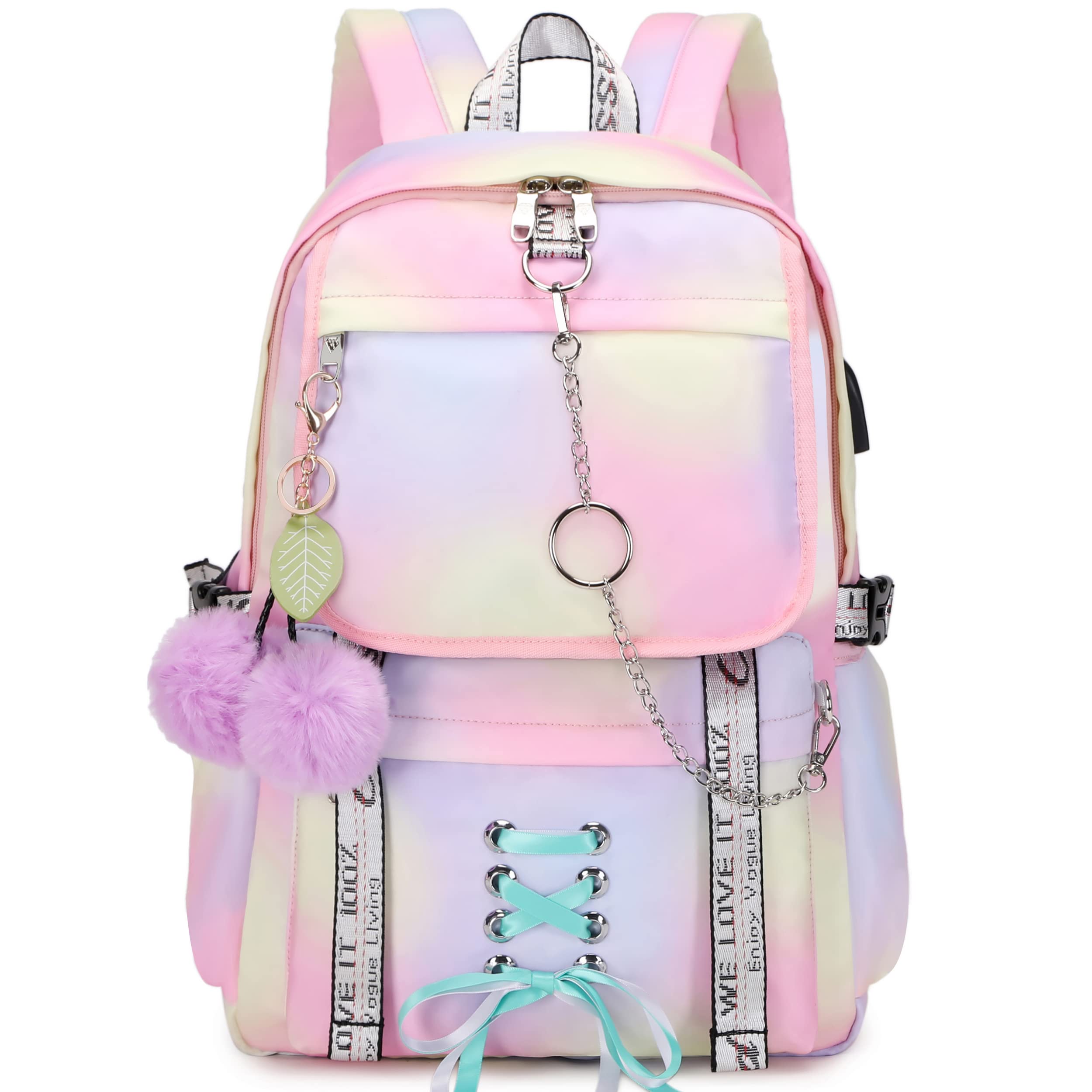 Hey Yoo Cute Pink Backpack Set for Teen Girls - School Backpack with Lunch Box, Aesthetic Bookbag for Middle & High School, College, Travel & Daily Use