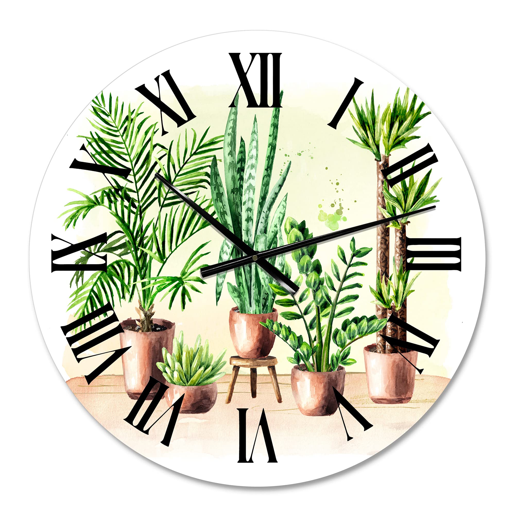 DesignQ Traditional Wall Clock - Large Indoor Green Home House Plants Floral & Botanical Wall Clock for Living Room Decor | Perfect for Farmhouse, Bedroom & Office Wall Décor