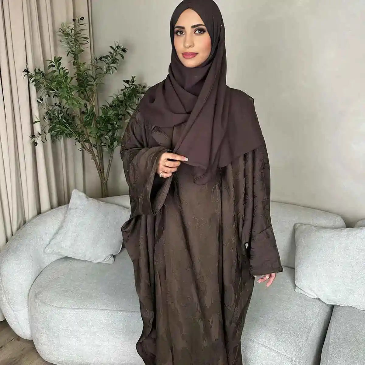 Elegant 3D Jacquard Satin Abaya Dress #25002 - Modest Islamic Prayer Dress for Women, Perfect for Eid, Ramadan & Special Occasions