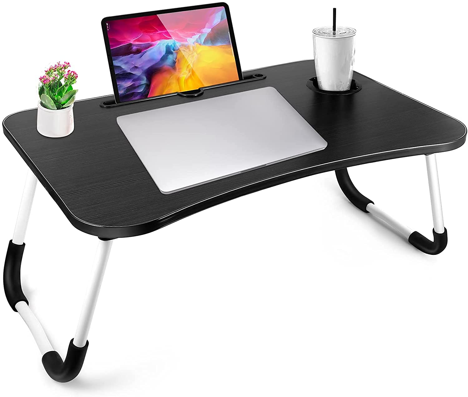 Portable Adjustable Laptop Desk Stand - Foldable Bed Tray Table with Cup Holder for Notebook, Breakfast, Reading & Watching Movies - Perfect for Home Office, Dorm Room, Sofa & Bed Use (Black)