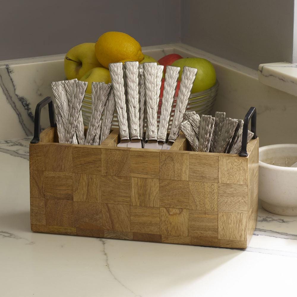 Avery Checkered Flatware Wood Caddy - Stylish Wooden Utensil Holder for Kitchen, Dining Table, and Picnic Organizer
