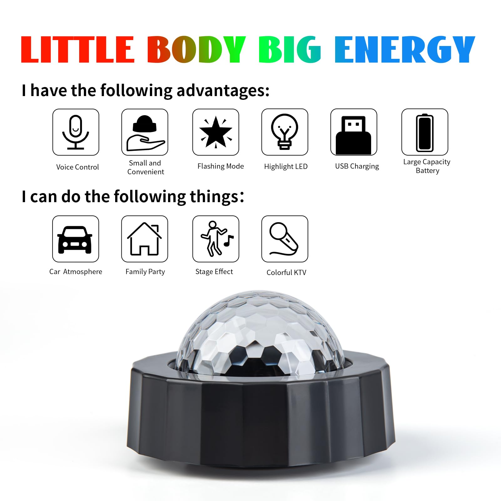 Rechargeable Sound-Activated Mini Disco Ball for Car - Multicolor LED Party Lights with Music Sync, USB Charging & 360° Rotation (Black) | Perfect for Road Trips, Night Drives & Car Parties