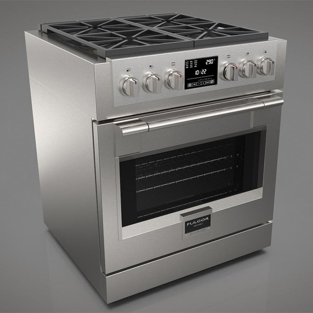 Fulgor Milano 30-inch 600 Series Dual Fuel Range - 4 Burner Stainless Steel Gas Stove & Electric Oven (Model F6PDF304S1) | Perfect for Modern Kitchens & Professional Cooking
