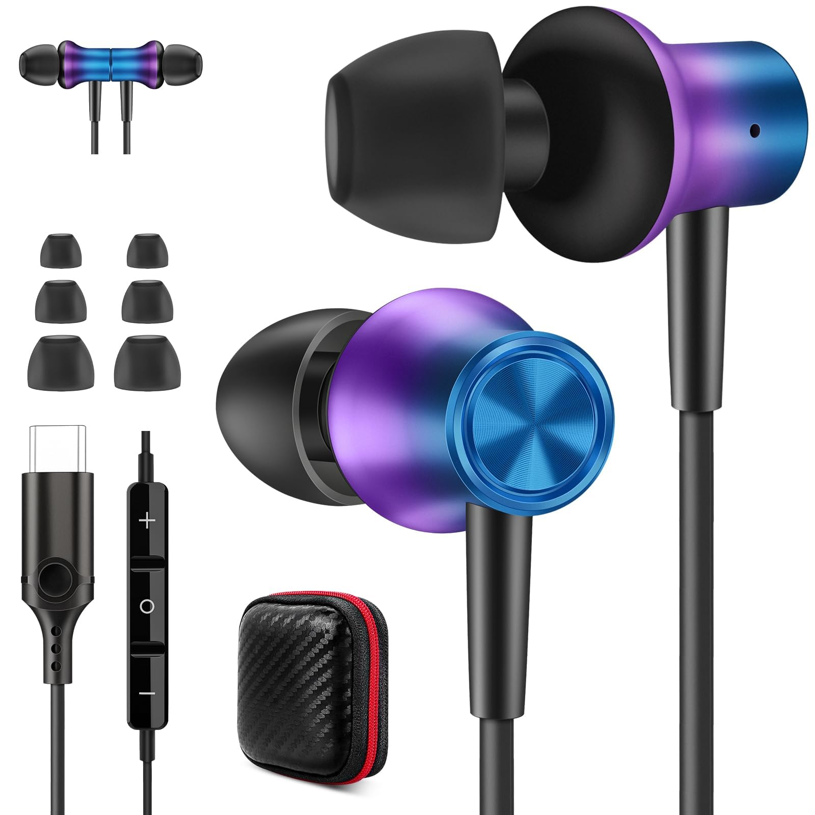 USB C Earbuds for Samsung S24/S25 Ultra, iPhone 16 & iPad Pro M4 - Wired Magnetic Stereo Earphones with In-Line Remote Control, Gradient Purple | Perfect for Commuting, Workouts & Gaming