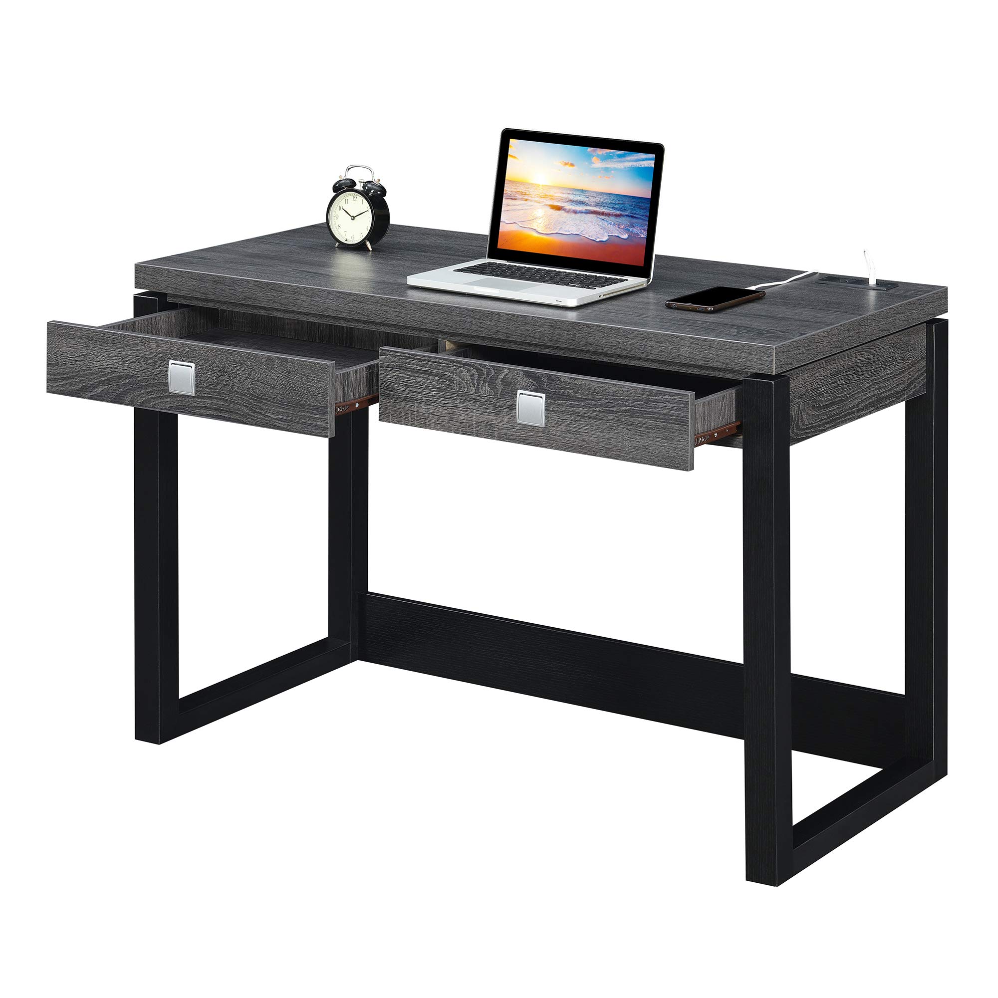 Convenience Concepts Newport 2-Drawer Office Desk with USB Charging Station - Weathered Gray/Black Finish - Perfect for Home Office, Study Room & Small Workspace Organization