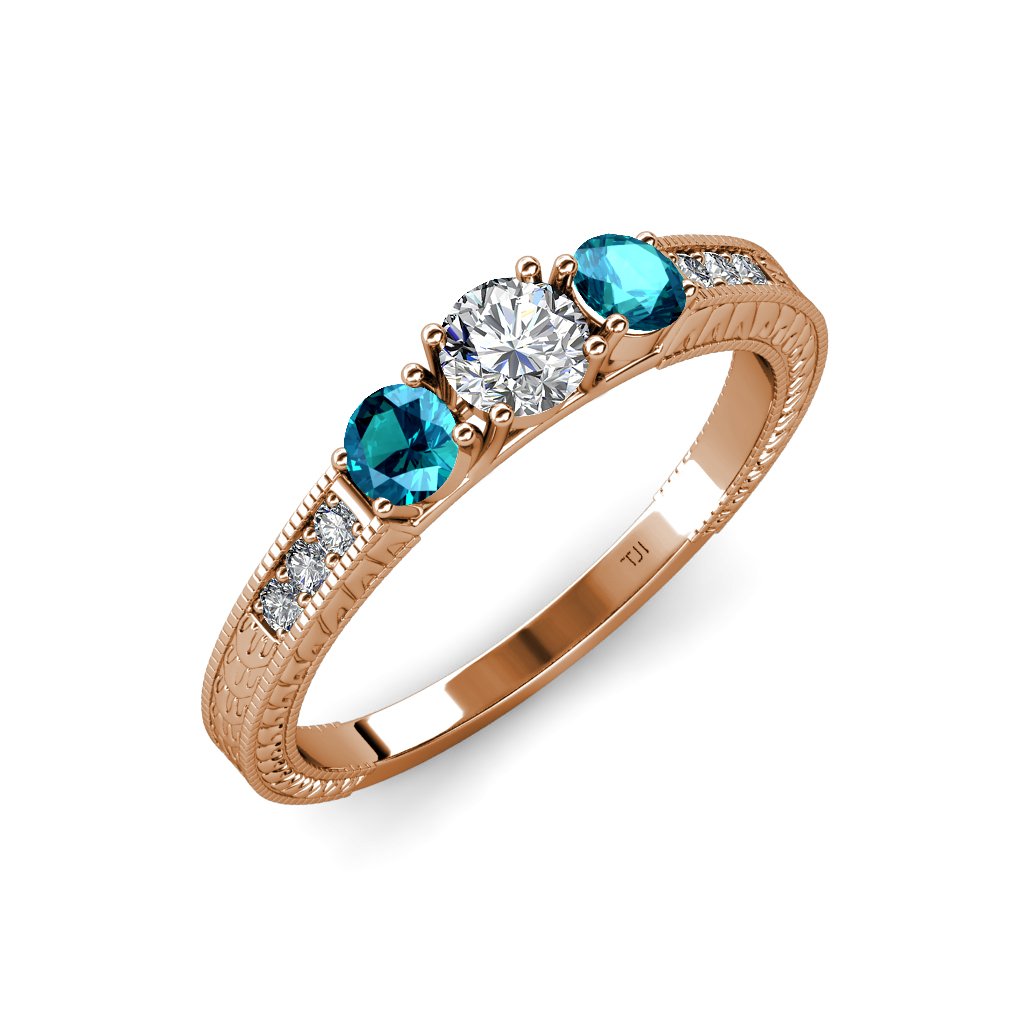 14K Rose Gold Diamond & London Blue Topaz Milgrain Three-Stone Ring with Side Diamonds (0.85 ctw) - Perfect for Engagement, Anniversary & Special Occasion Gifts