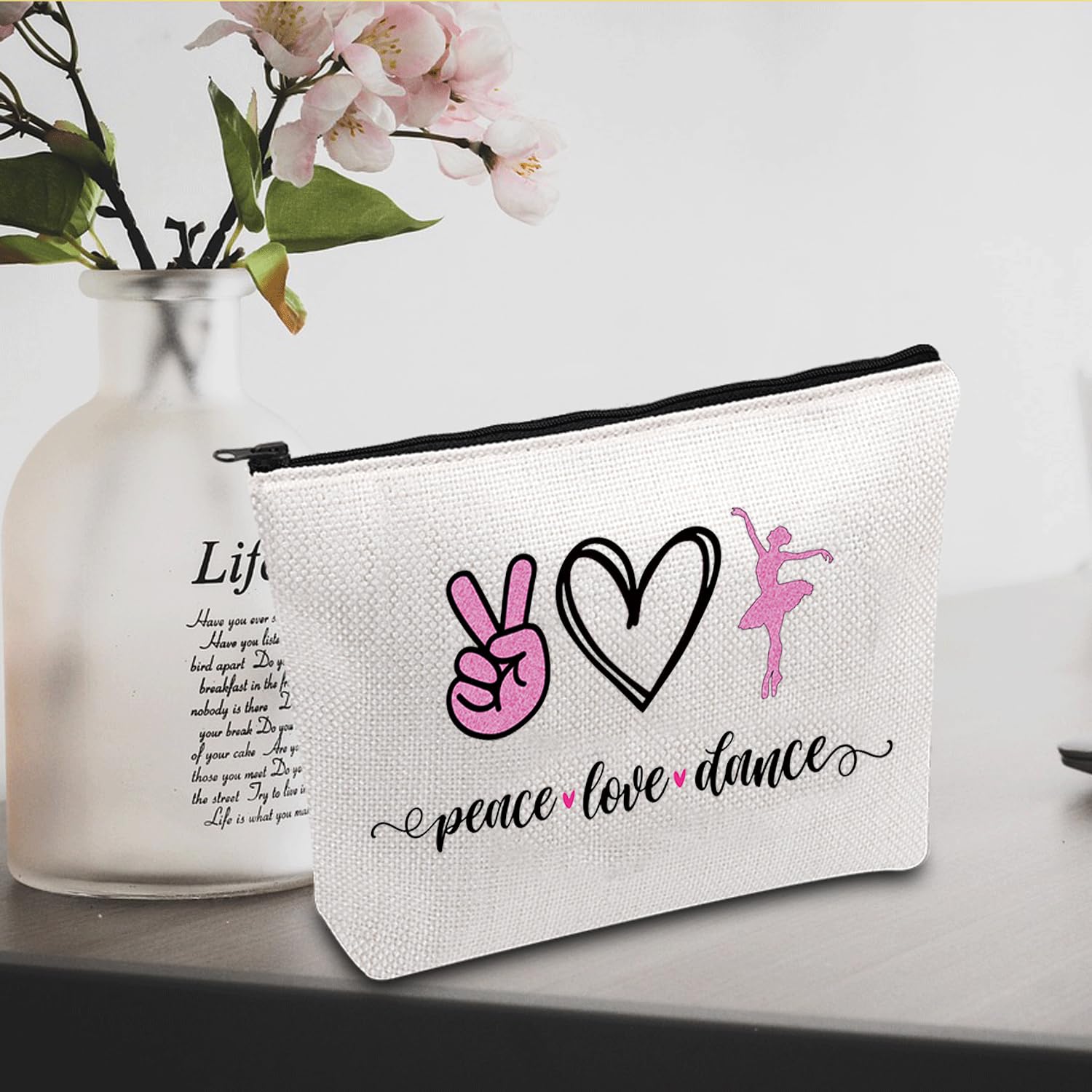 JXGZSO Ballet Dance Makeup Bag - Waterproof Cosmetic Organizer Pouch for Dancers, Coaches & Ballet Girls - Perfect Gift for Dance Classes, Recitals & Performances (Peace Love Dance Design)