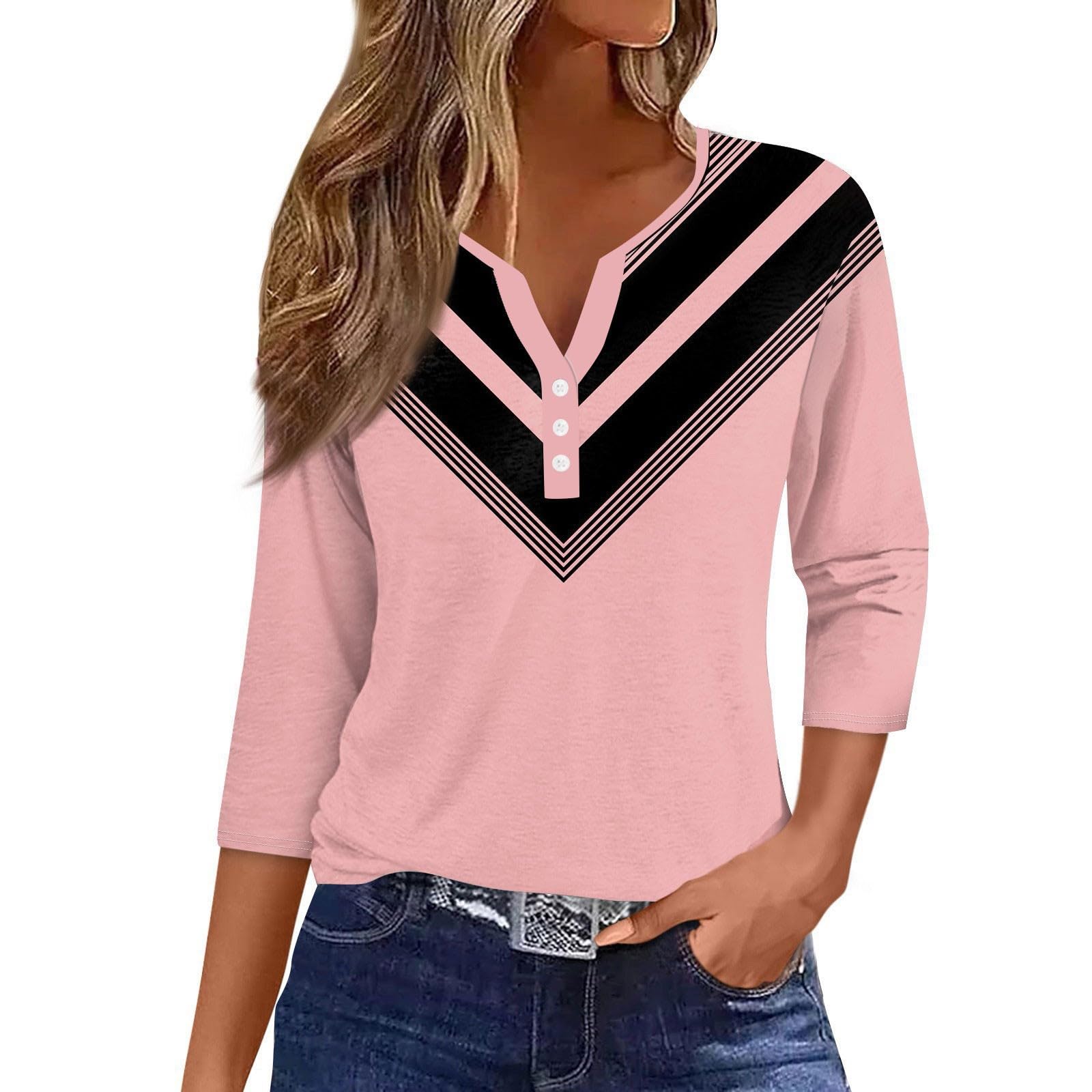 YUTANRAL Women's 3/4 Sleeve V-Neck Button Tunic Top - 2024 Trendy Casual Summer Blouse for Work & Weekend | Breathable Comfort for Office, Date Night & Outdoor Activities