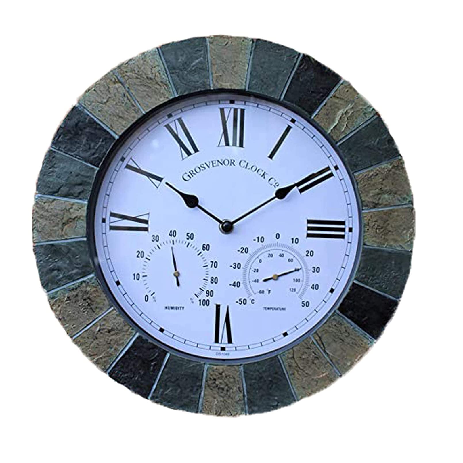 OHKKSD 10-Inch Waterproof Outdoor Garden Wall Clock with Thermometer & Hygrometer - Faux-Stone Design, Silent Quartz Movement, Earth Tone - Perfect for Patio, Backyard, Porch, and Indoor Decor