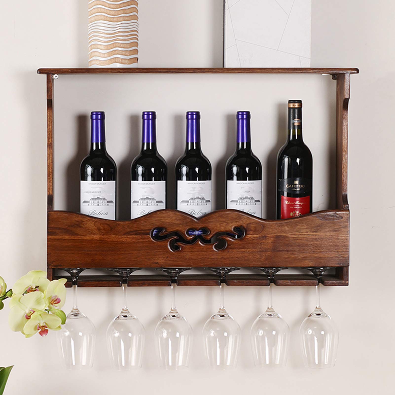 Farmhouse Wall Mounted Wooden Drinks Rack - Wine & Whiskey Bottle Shelf for Kitchen, Bar, Dining Room Decor - Fully Assembled Rustic Home Storage Solution