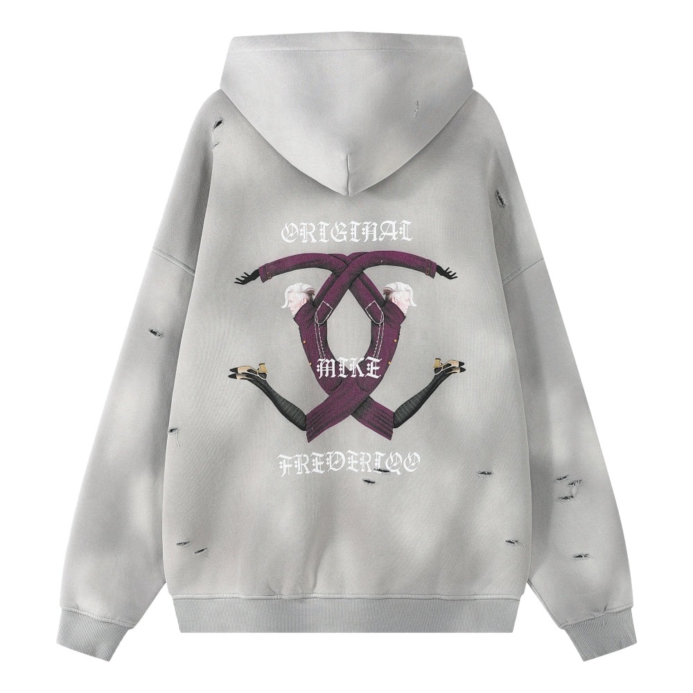 ORI FREDERIQO Washed Printed Zip Up Terry Hooded Sweatshirt - Grey | Casual Streetwear for Men | Perfect for Everyday Wear & Gym Sessions