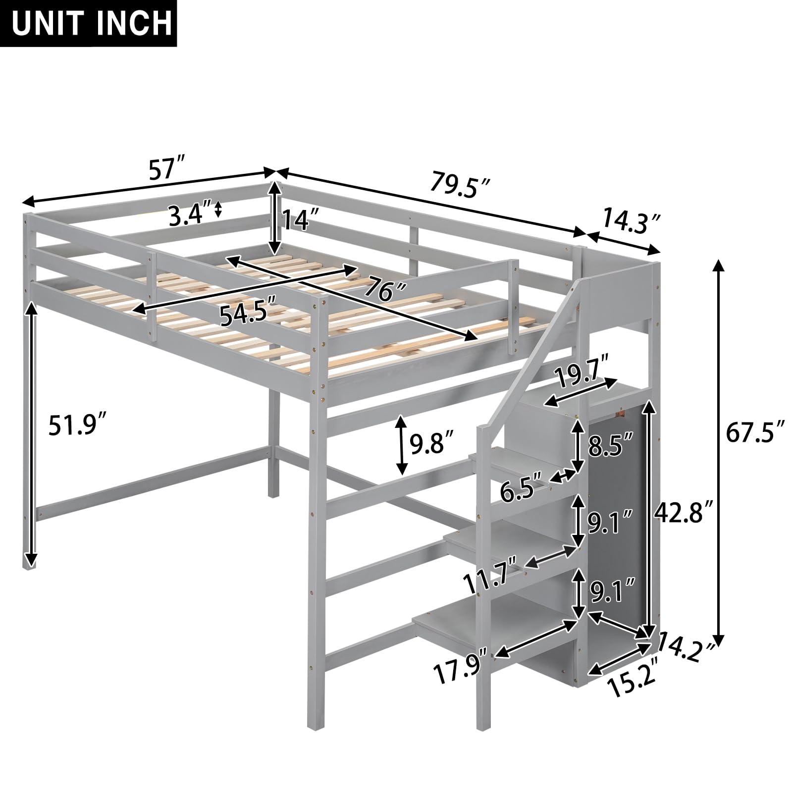 Polibi Full Size Wooden Loft Bed with Built-in Wardrobe & Staircase - Space Saving Storage Bed Frame with Guardrails, No Box Spring Needed, Grey - Perfect for Kids Rooms, Dormitories & Small Apartments