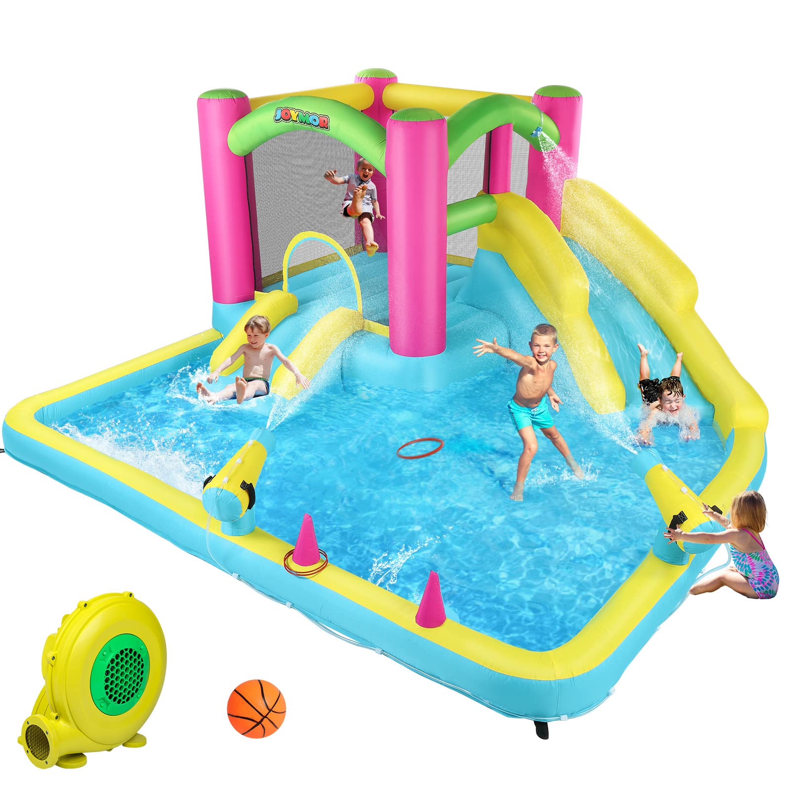 JOYMOR Inflatable Bounce House with Double Water Slide for Kids Ages 3-10 | Outdoor Water Play with Splash Pool, Water Cannons & Ring Toss Games | Indoor/Outdoor Bouncy Castle with Air Blower | Perfect for Backyard Parties, Summer Fun & Birthday Celebrations
