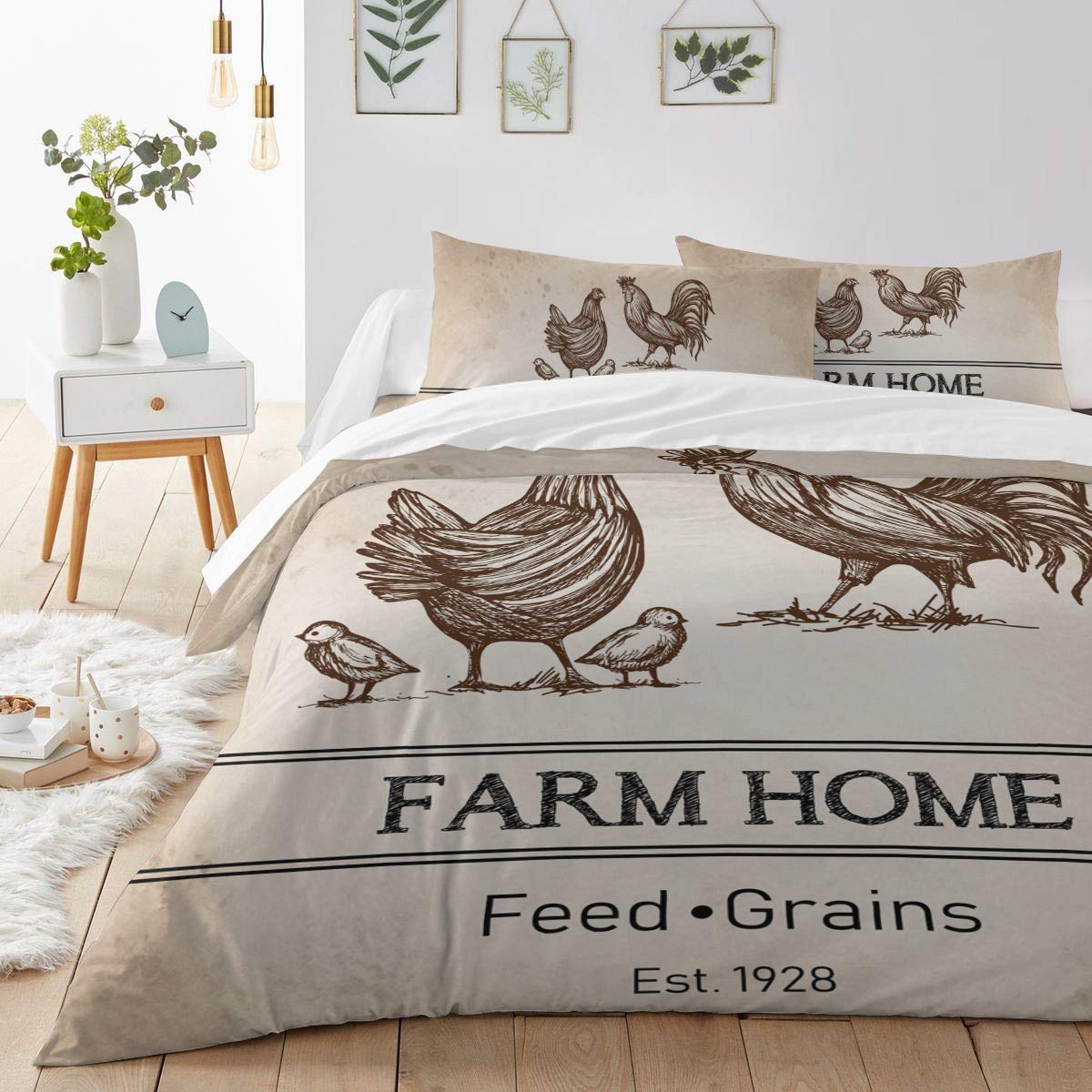 4-Piece Rooster & Farmhouse Chicken Duvet Cover Set - California King Size Luxury Soft Bedding with Decorative Pillowcases | Farm Animal Themed Bedroom Decor for Country Style Homes