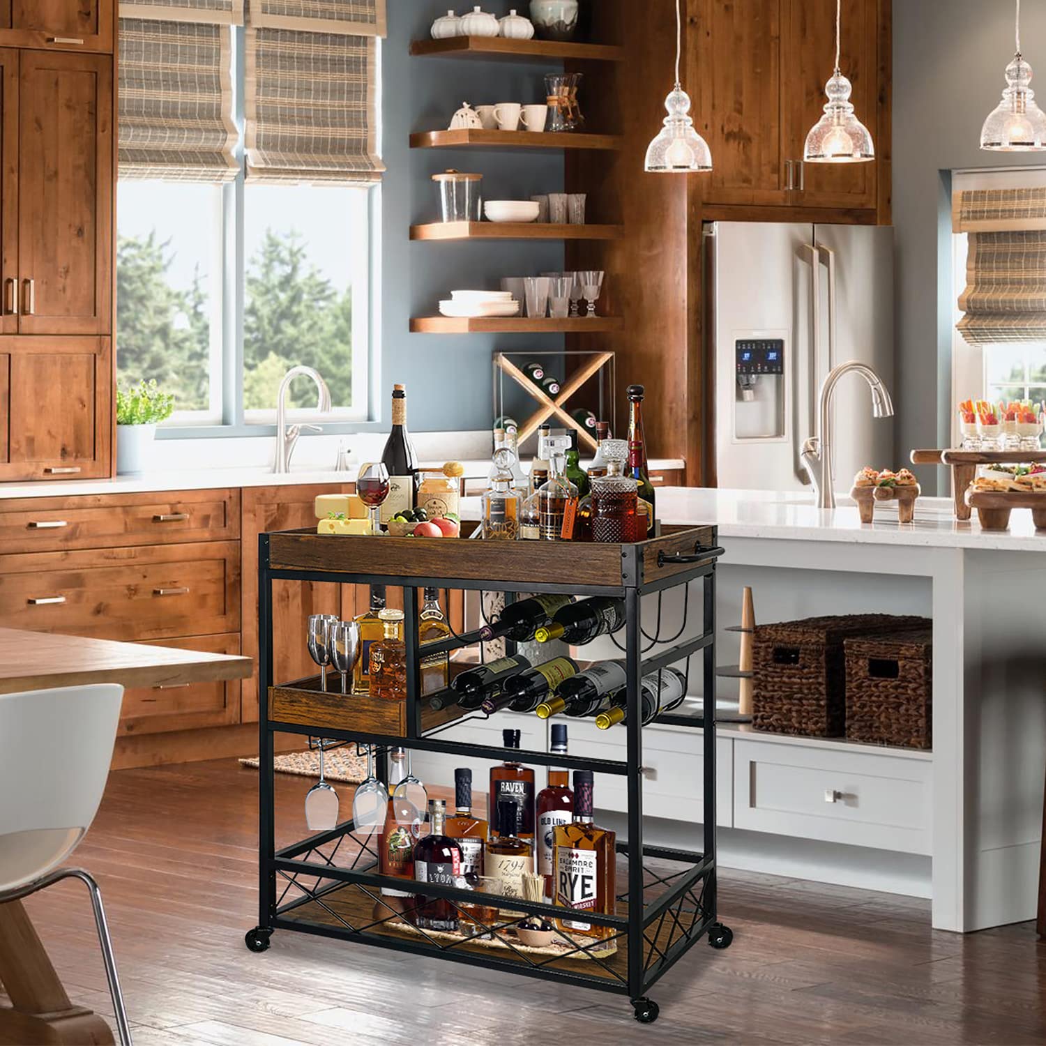 Industrial 3-Tier Bar Cart with Wine Rack & Glass Holder - Rustic Kitchen Serving Cart with Locking Casters, Portable Trays for Home, Party & Restaurant Use