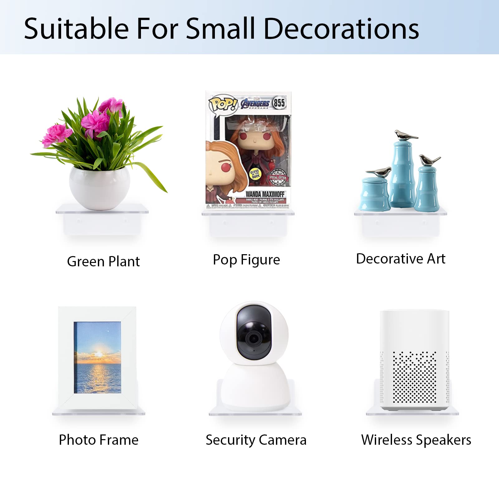 10 Pack Clear Acrylic Floating Shelves - Wall Mounted Display Shelves for Plants, Funko Pop Figures, Toys & Decor | Adhesive & Sturdy for Bedroom, Living Room, Office | Modern Minimalist Shelf Organizer