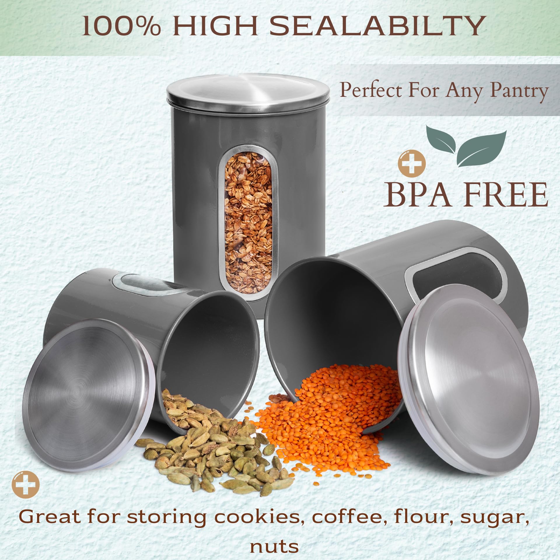 3-Piece Gray Kitchen Canister Set with See-Through Window - Airtight Coffee, Tea & Sugar Storage Containers - Moss & Stone Kitchen Jars for Pantry Organization (Grey) - Perfect for Coffee Lovers, Tea Enthusiasts & Baking Needs