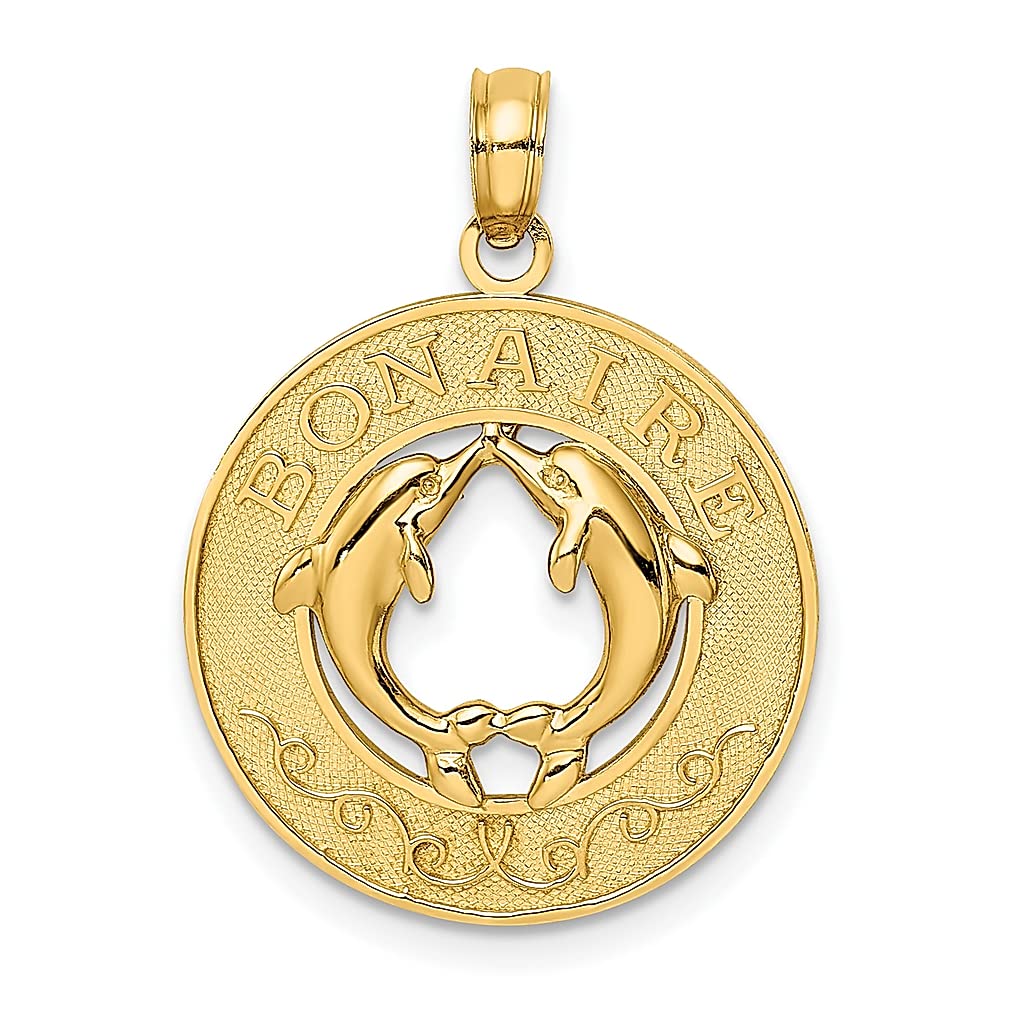 14K Yellow Gold Bonaire Circle Dolphins Charm Necklace Pendant - Elegant Travel Inspired Jewelry for Women - Perfect Gift for Her, Birthday, Anniversary & Beach Vacation Accessories