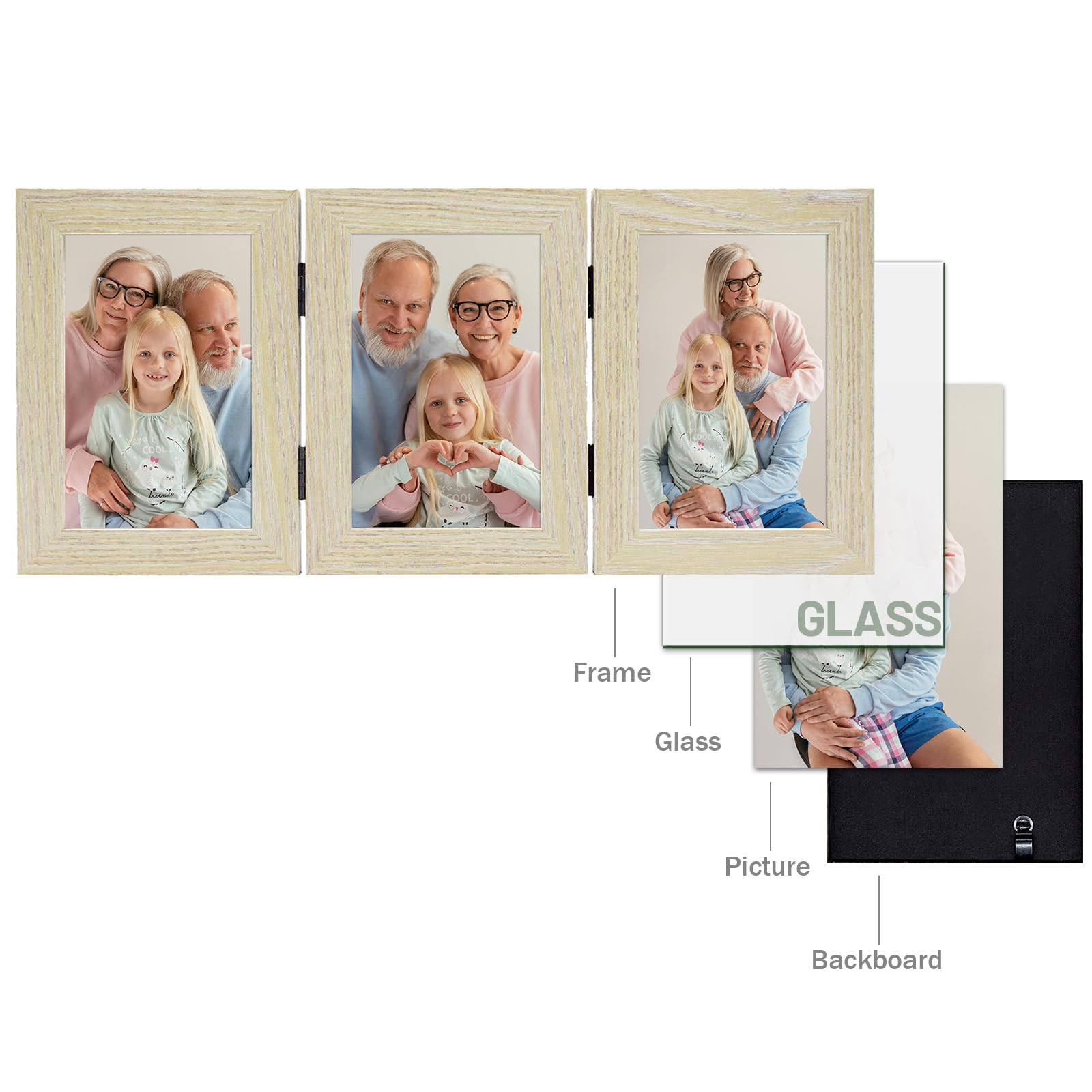 Frametory 4x6 Triple Picture Frame - Trifold Collage Photo Frame with Glass Front, Tabletop Display for Home & Office Decor (Natural Wood, 1 Pack) - Perfect for Family Photos, Wedding Memories & Graduation Pictures