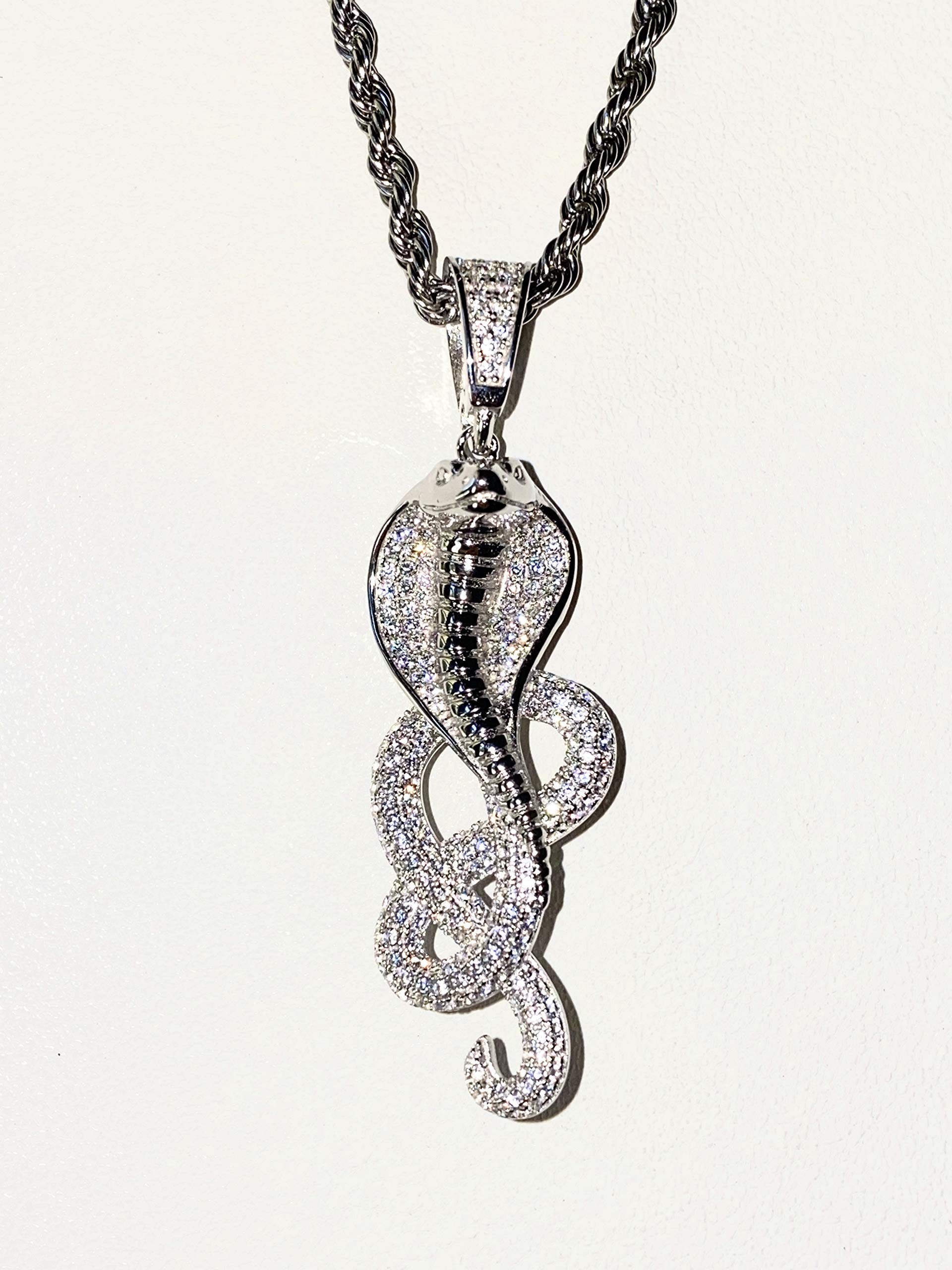 925 Sterling Silver Cobra Snake Pendant Necklace for Men & Women - Iced Out Stainless Steel Chain 16