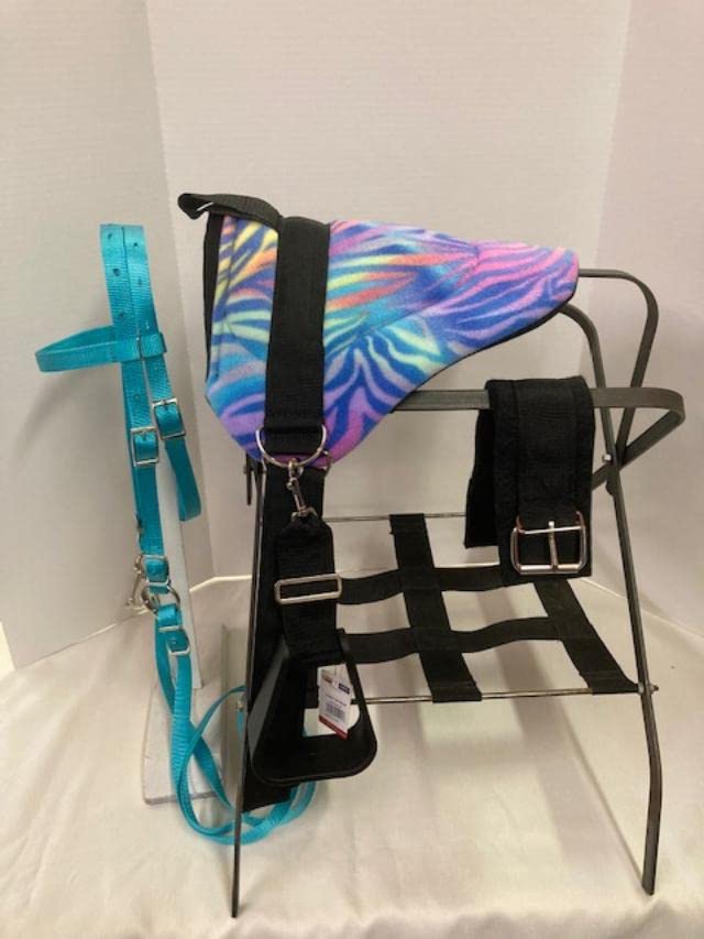 Miniature Horse & Small Pony Bareback Saddle Set for Kids - Turquoise Zebra Stripe Design with Free Snap-On Bit & Upgraded Felt Cinch | Perfect for Riding Lessons, Trail Rides & Equestrian Training