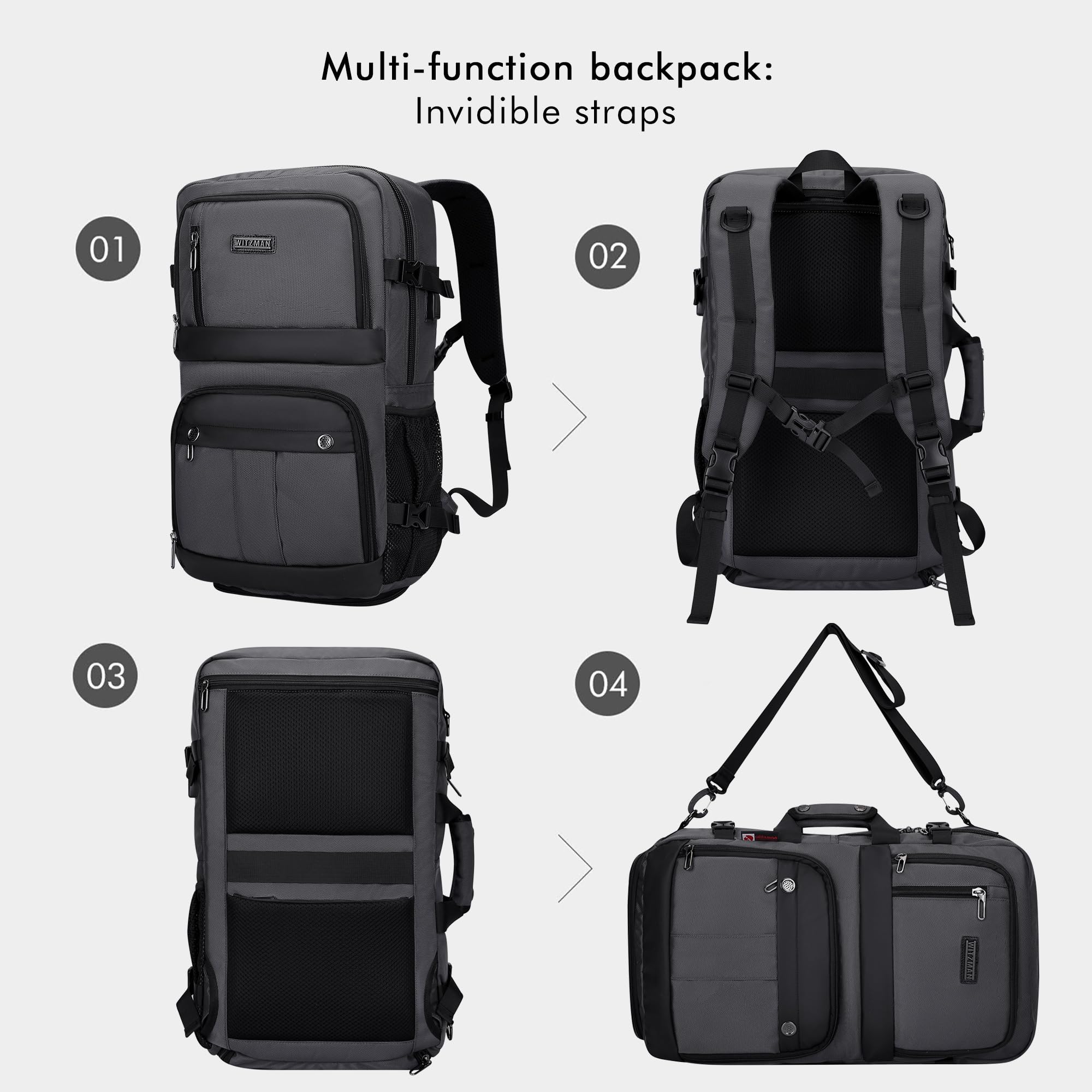 WITZMAN Carry-On Travel Backpack for Men & Women - Airline Approved Laptop Backpack with USB Charging Port (B683 Silvery Grey) - Perfect for Business Trips, College, Commuting & Air Travel