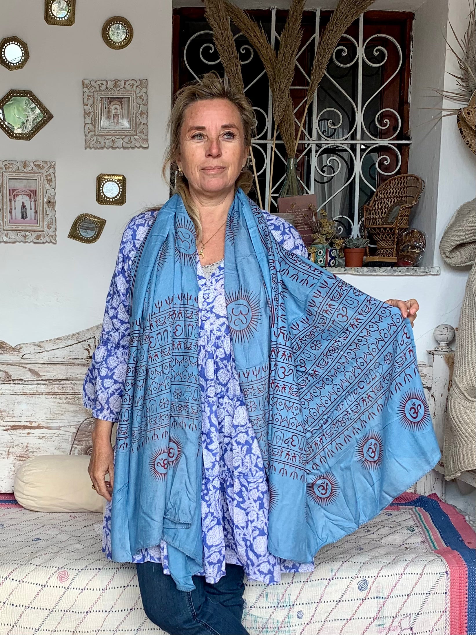 Large Size Om Sarong Pareo Shawl - Ocean Blue Beach Cover Up for Women, Perfect for Swimming, Vacation, and Summer Outfits