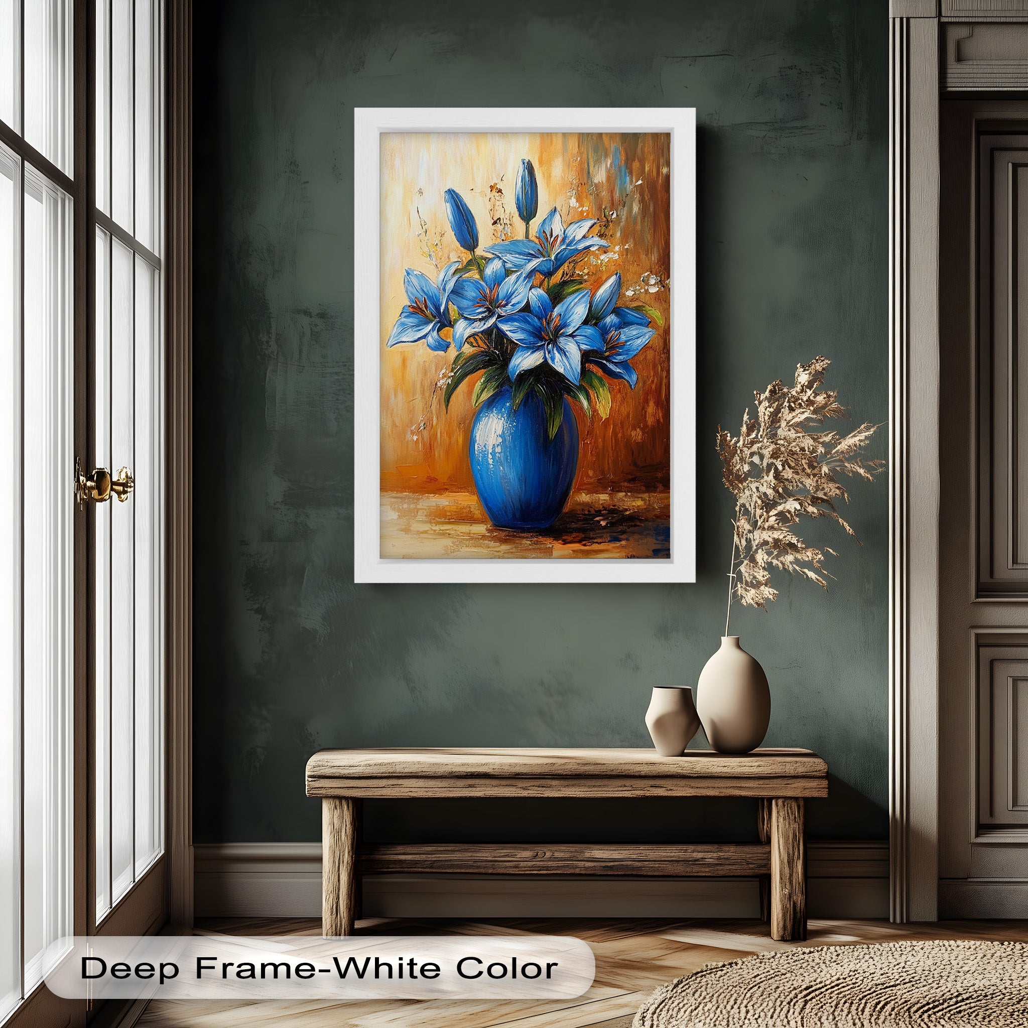 Azure Blossoms in Blue Vase - Hand-Painted Floral Oil Canvas Artwork for Living Room Decor | Wall Art for Home & Office